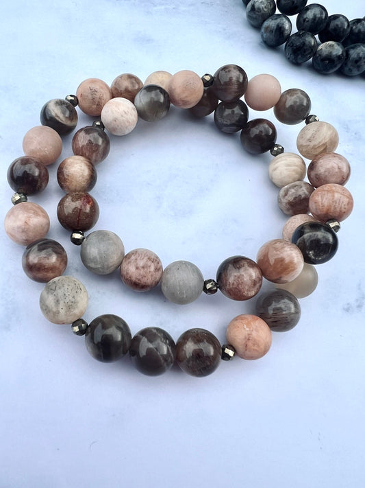 Chocolate Moonstone & Sunstone Bracelet Handmade Gemstone Jewelry Crystal Healing Bracelet for Her Gift box Accessory Meditation Gift