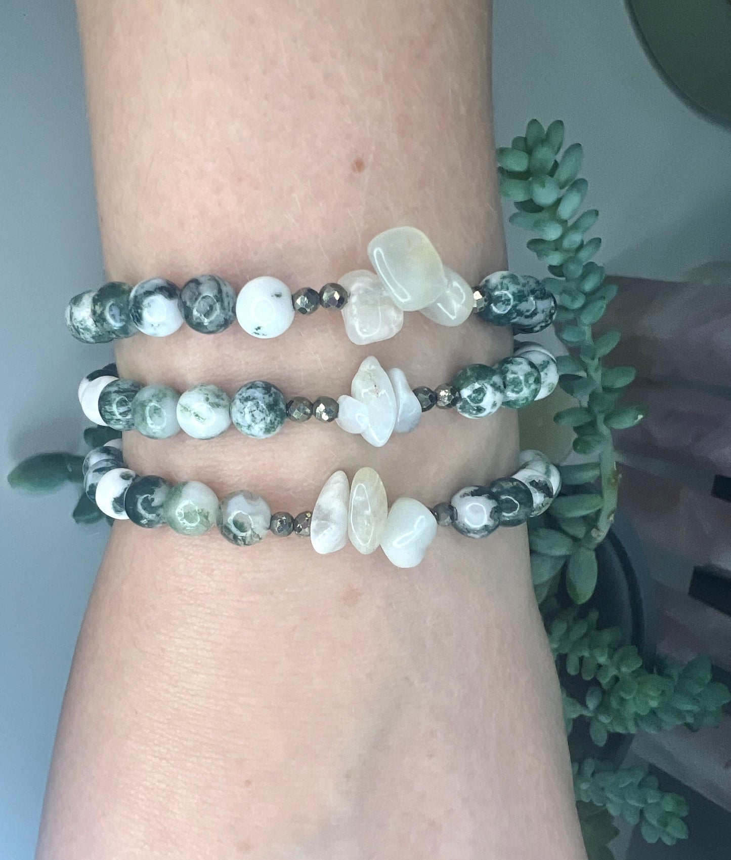 Moss Agate Bracelet with Moonstone Chips and Pyrite Handcrafted Gemstone Bracelet Crystal Healing Jewelry