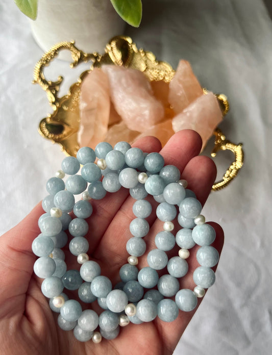 Aquamarine Bracelet with Freshwater Pearls 8mm Handmade Gemstone Bracelet