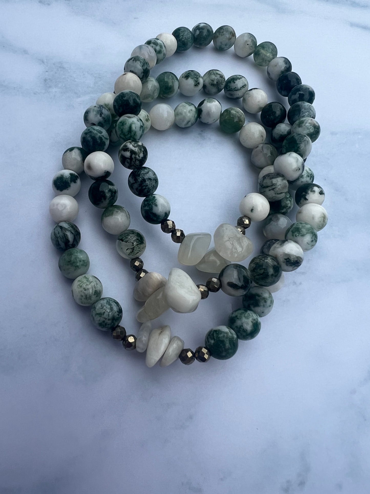 Moss Agate Bracelet with Moonstone Chips and Pyrite Handcrafted Gemstone Bracelet Crystal Healing Jewelry