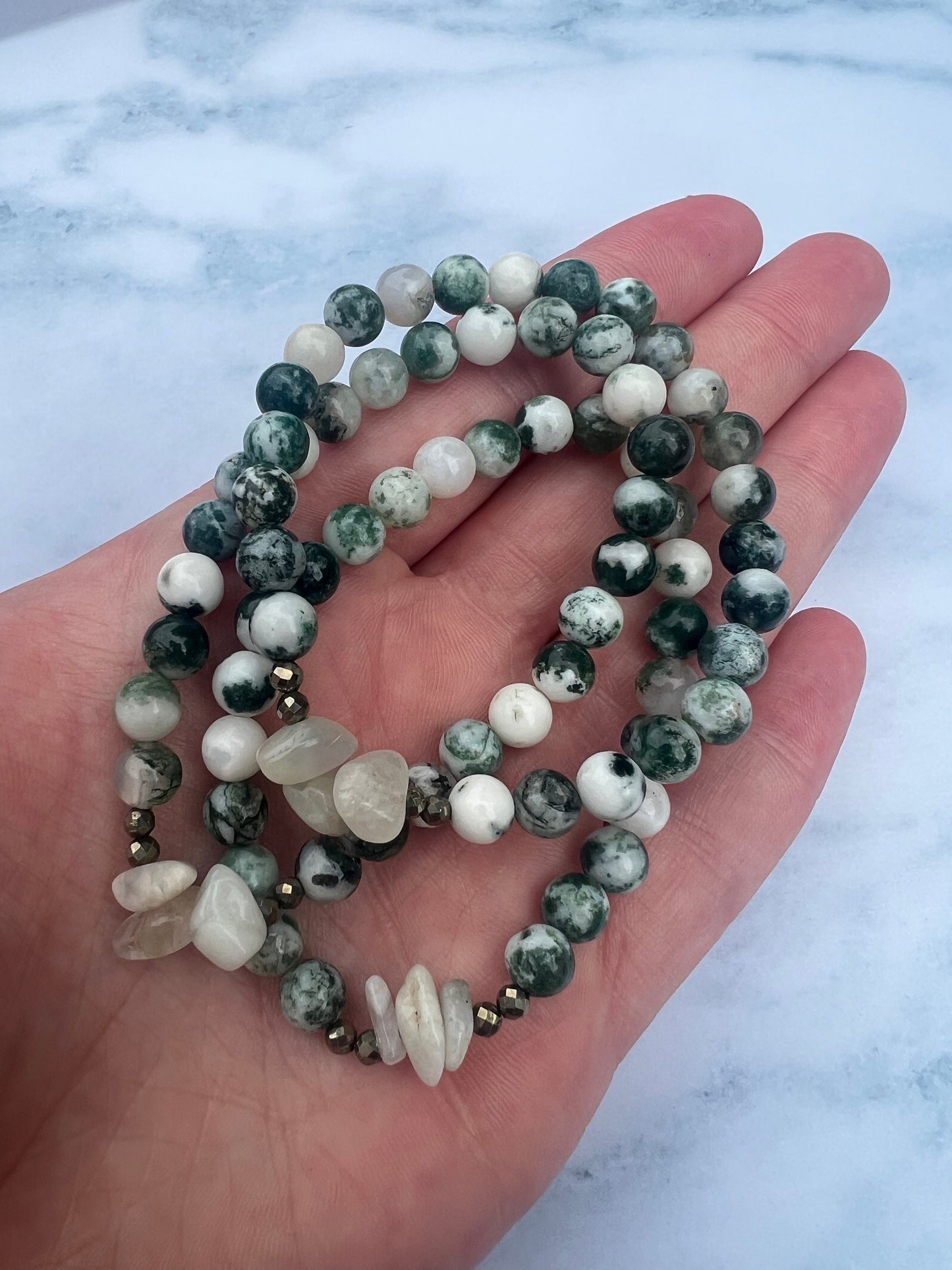 Moss Agate Bracelet with Moonstone Chips and Pyrite Handcrafted Gemstone Bracelet Crystal Healing Jewelry