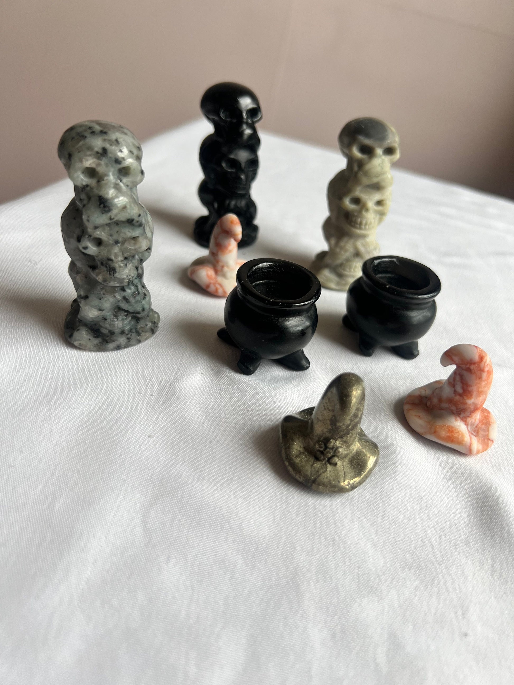 Mini Witch Hat Crystal Carvings Pink Jasper Gold Sheen Obsidian Witches Hats