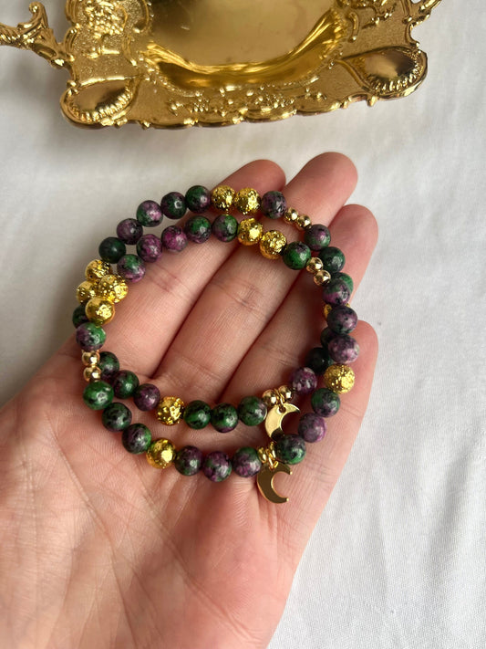 Ruby on Zoisite Bracelet Handmade with 8mm Beads Gold Plated 14kt Beads