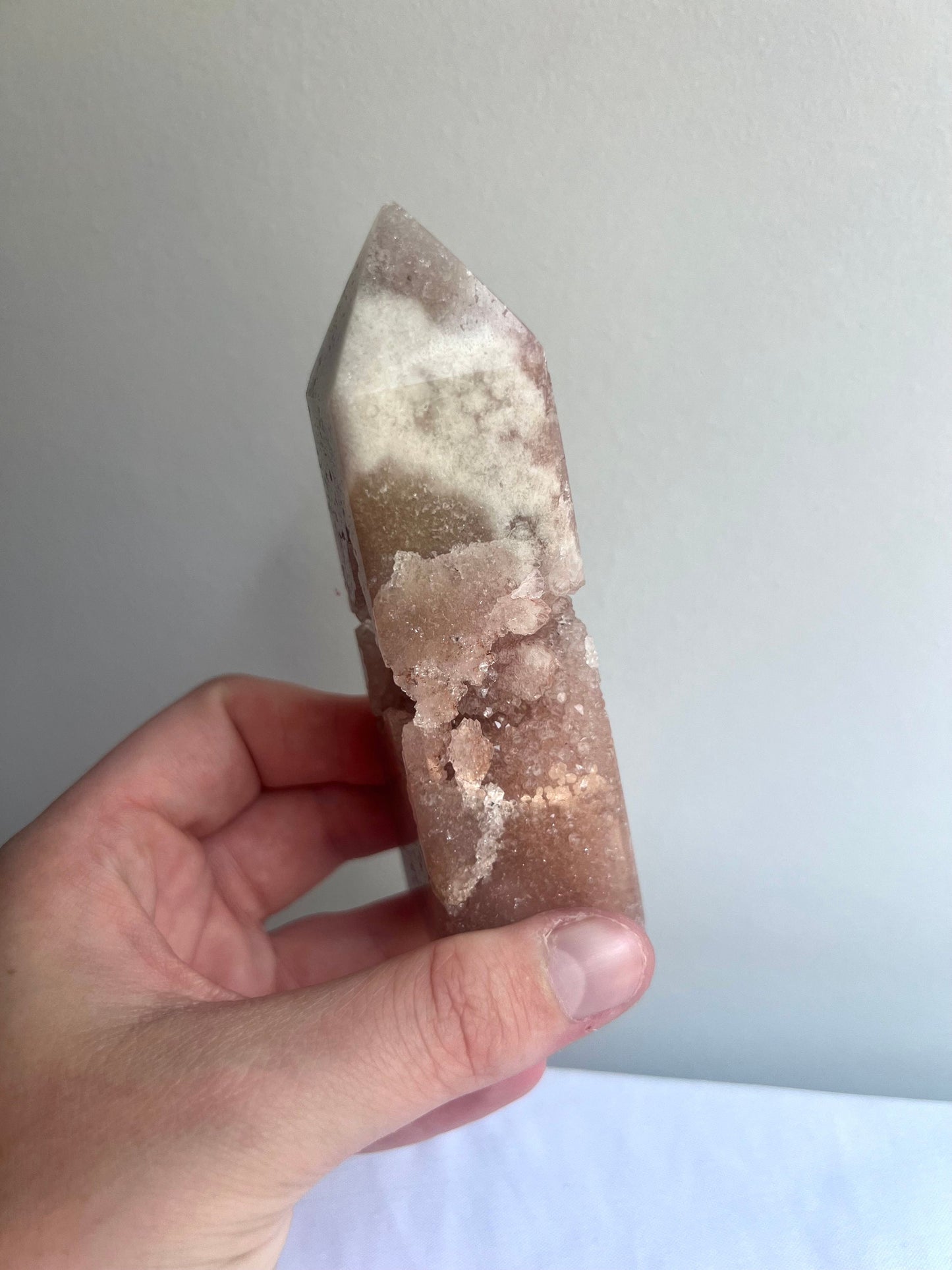 Pink Amethyst with Flower Agate Tower with Portal Druzy Pink Flower Amethyst Obelisk