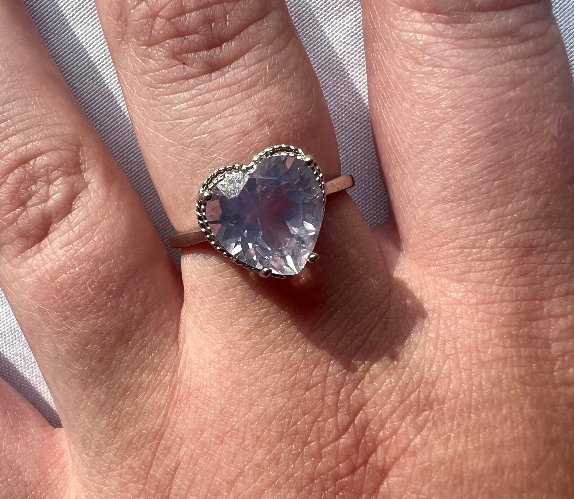 Lavender Moon Quartz Ring with 925 Sterling Silver Adjustable Band Heart Shaped Lavender Moon Quartz