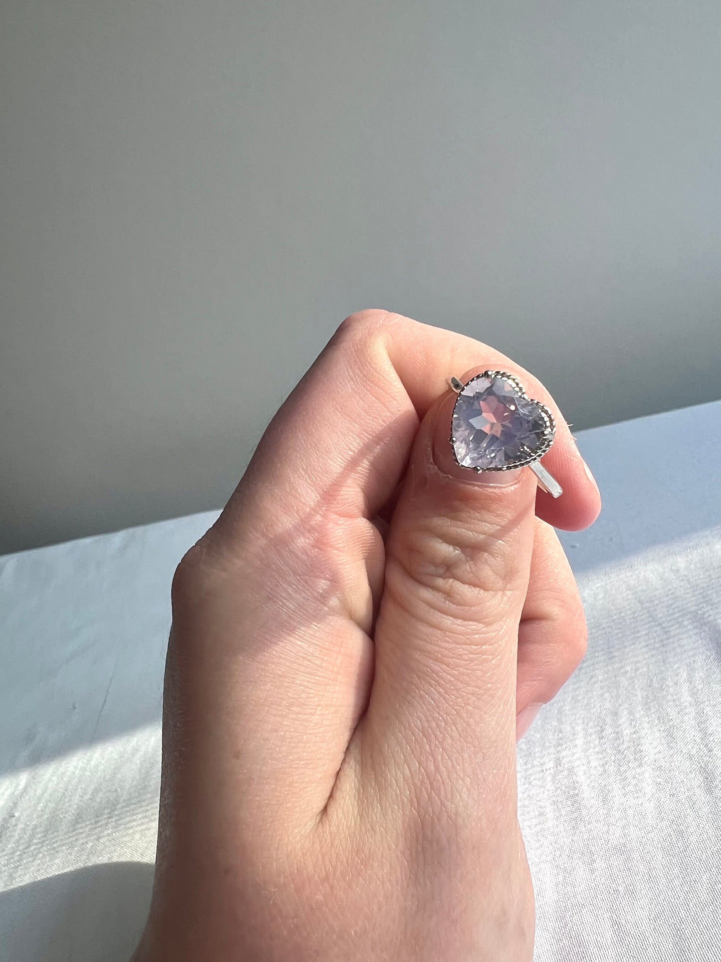 Lavender Moon Quartz Ring with 925 Sterling Silver Adjustable Band Heart Shaped Lavender Moon Quartz