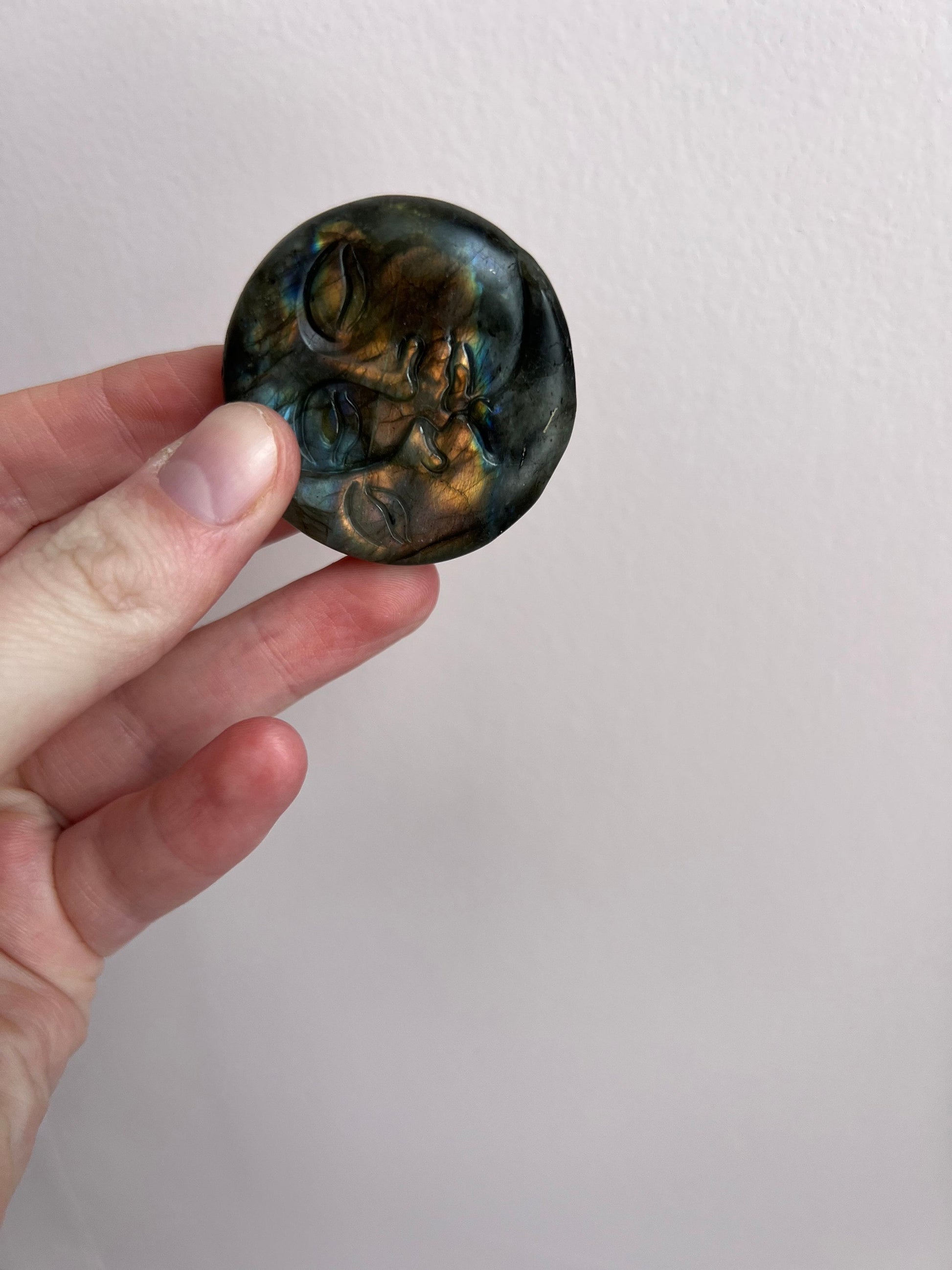 Labradorite Sun Moon Coin | Hand Carved Sun and Moon Labradorite