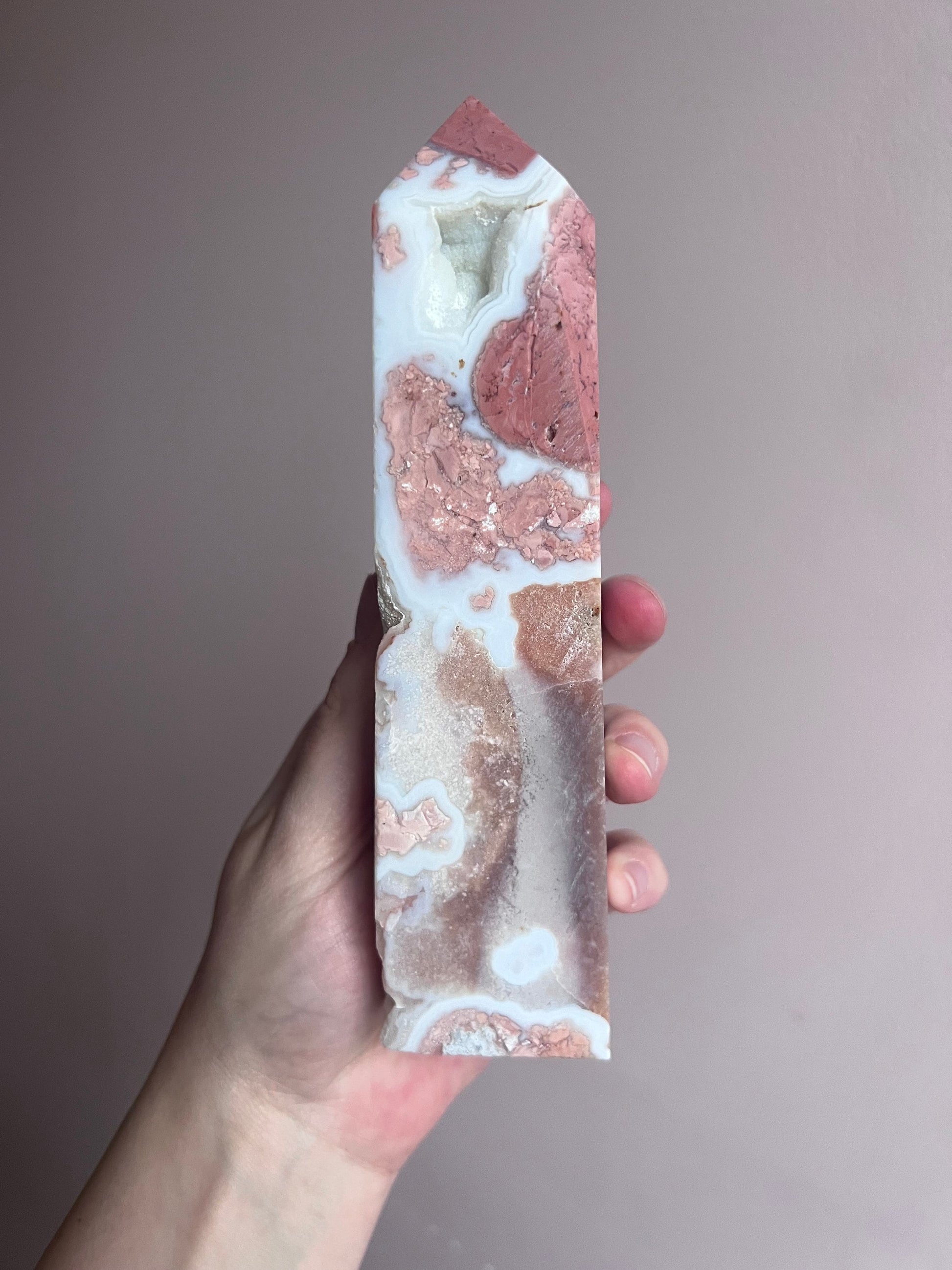 Large Cotton Candy Agate Obelisk | Druzy Pink Agate Tower