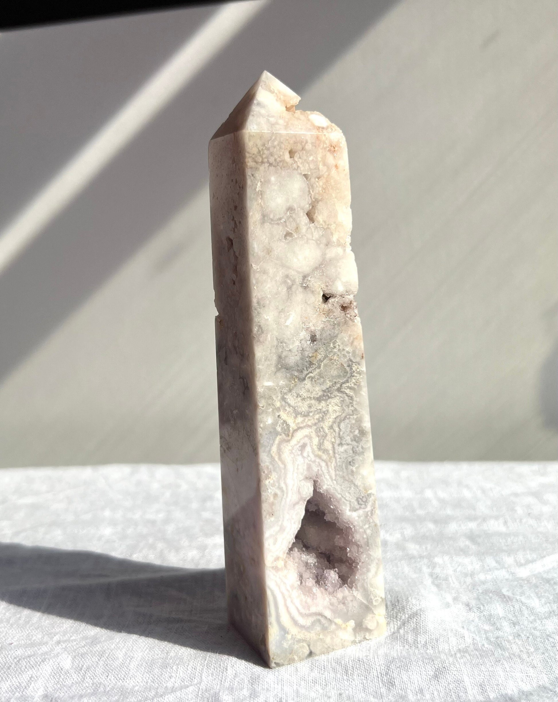 Gorgeous Pink Amethyst with Flower Agate Tower Druzy Pink Flower Amethyst Obelisk 6”