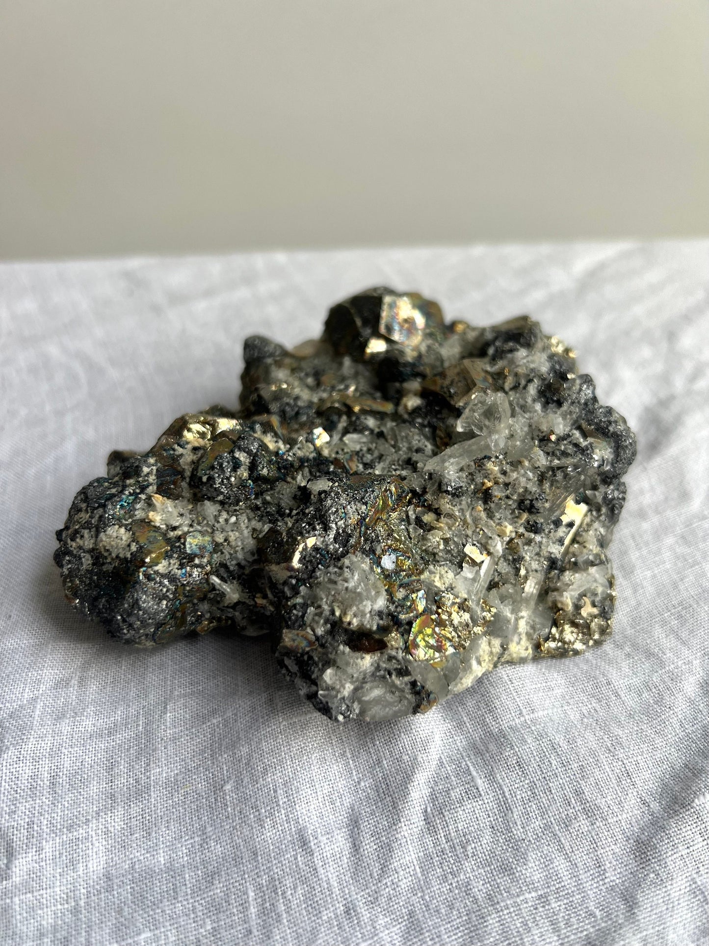 Rainbow Pyrite on Calcite with Quartz Specimen