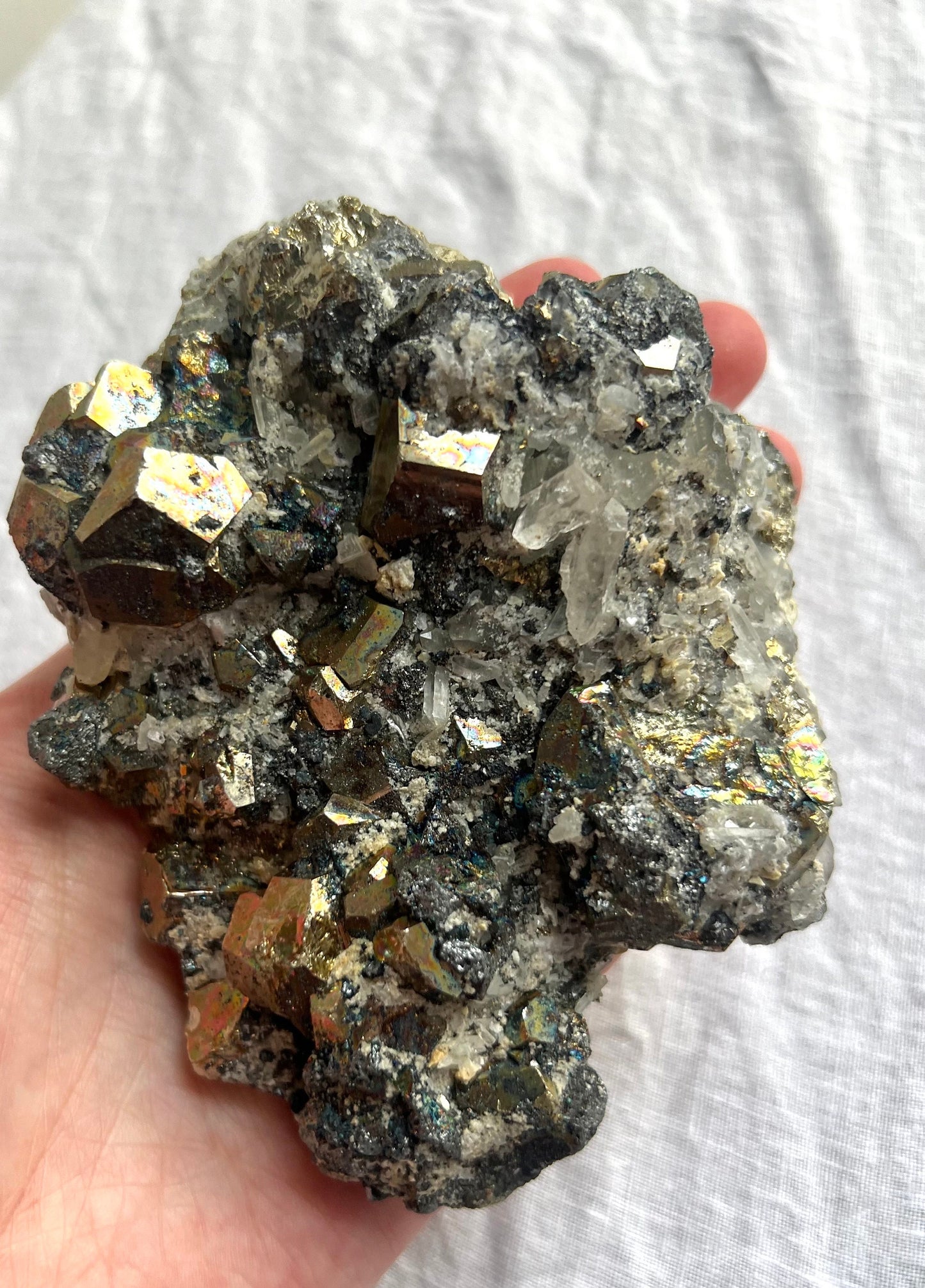Rainbow Pyrite on Calcite with Quartz Specimen