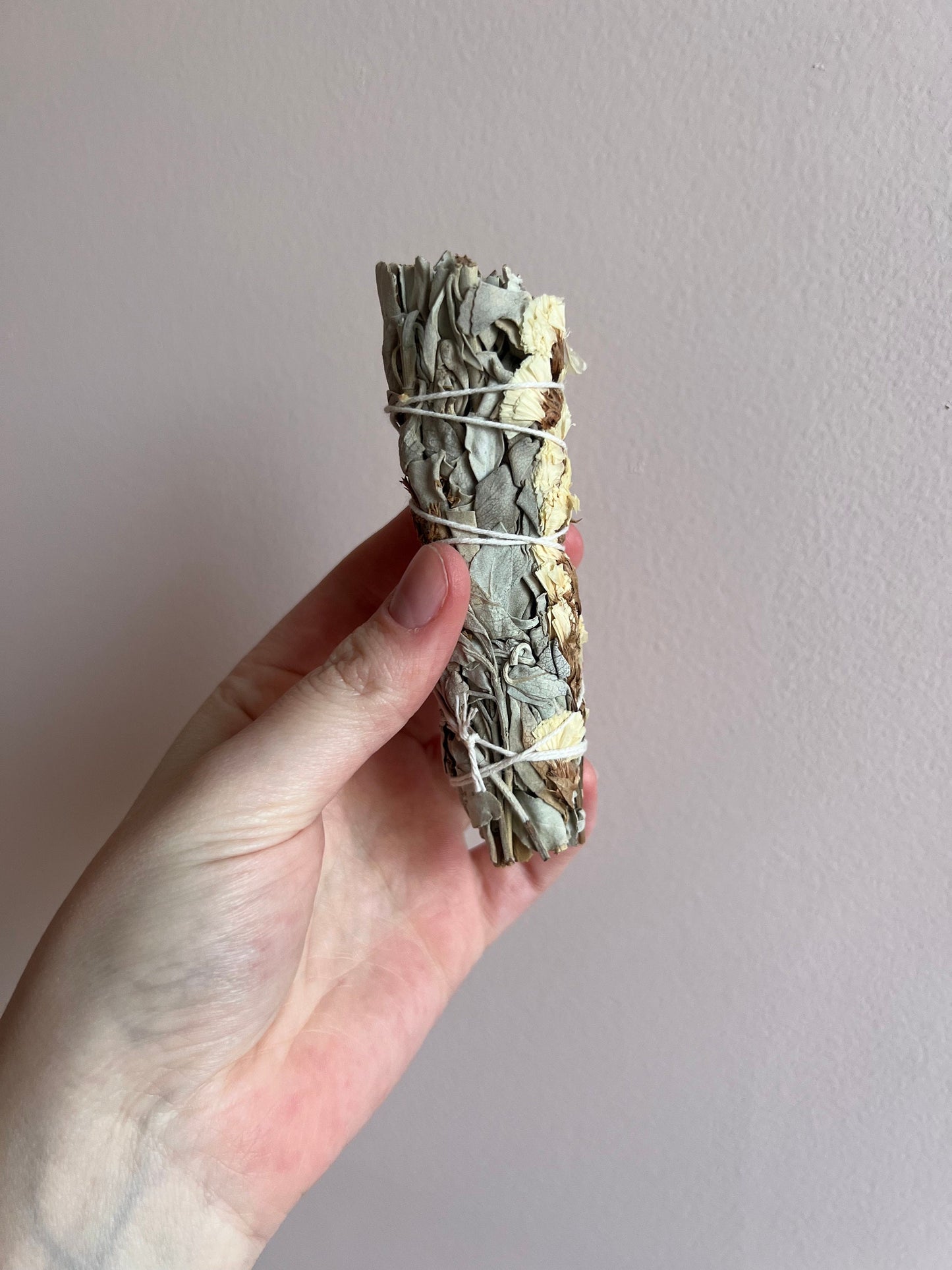 White Sage & White Sinuata Flowers Bundled Stick