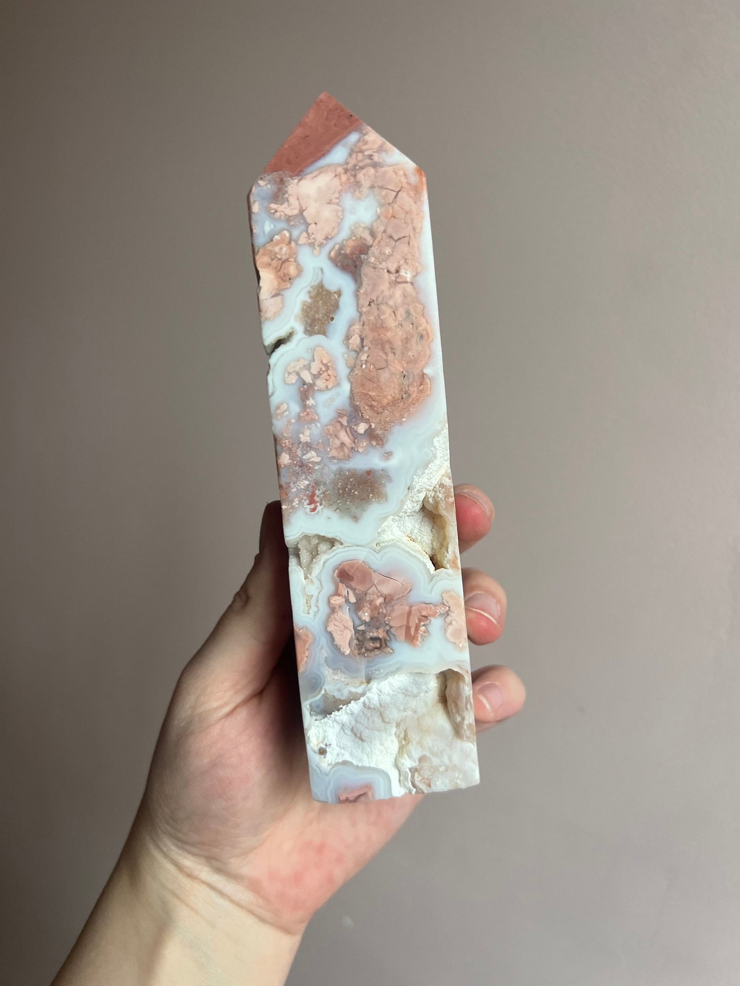 Large Cotton Candy Agate Obelisk | Druzy Pink Agate Tower