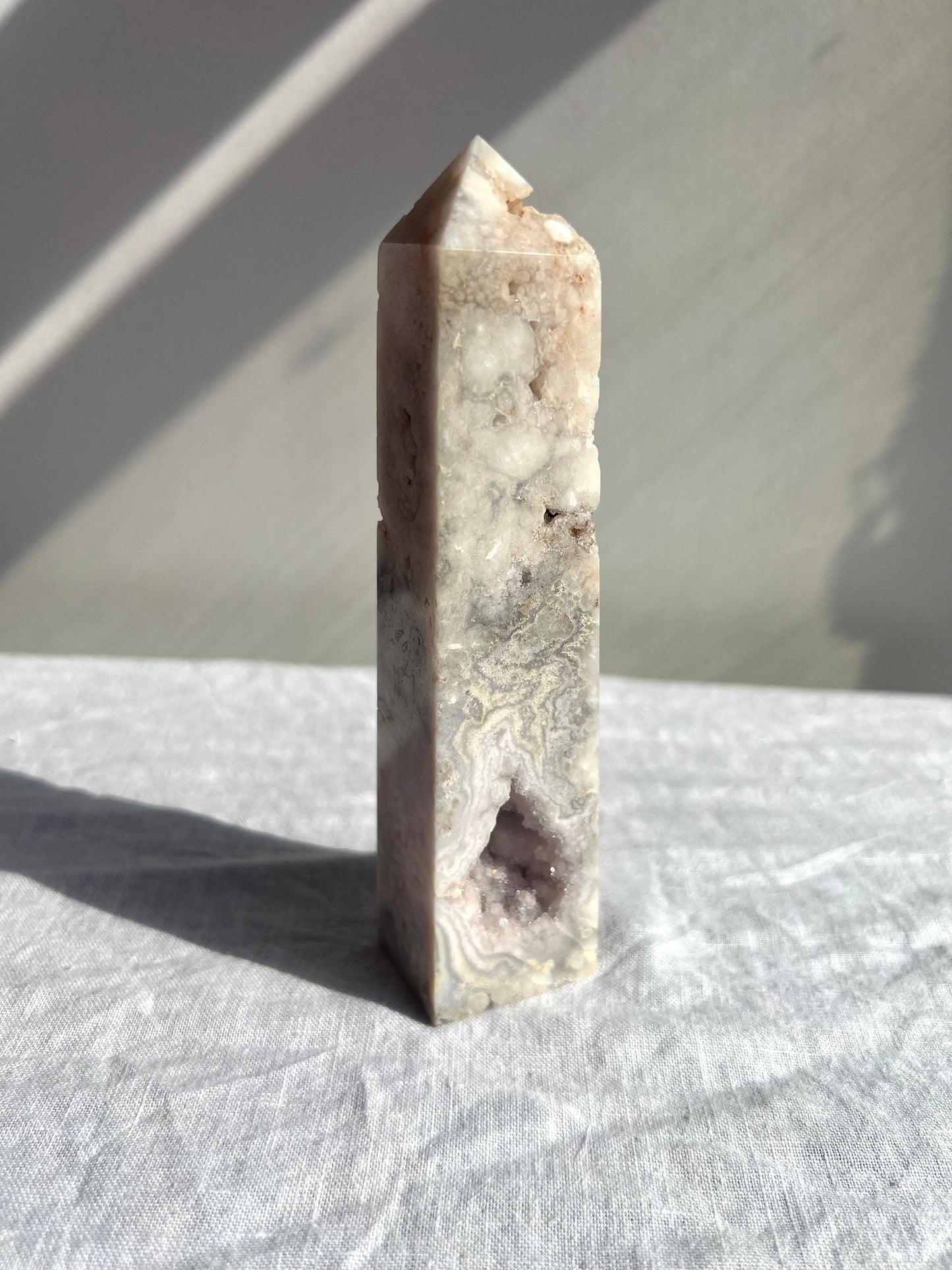 Gorgeous Pink Amethyst with Flower Agate Tower Druzy Pink Flower Amethyst Obelisk 6”