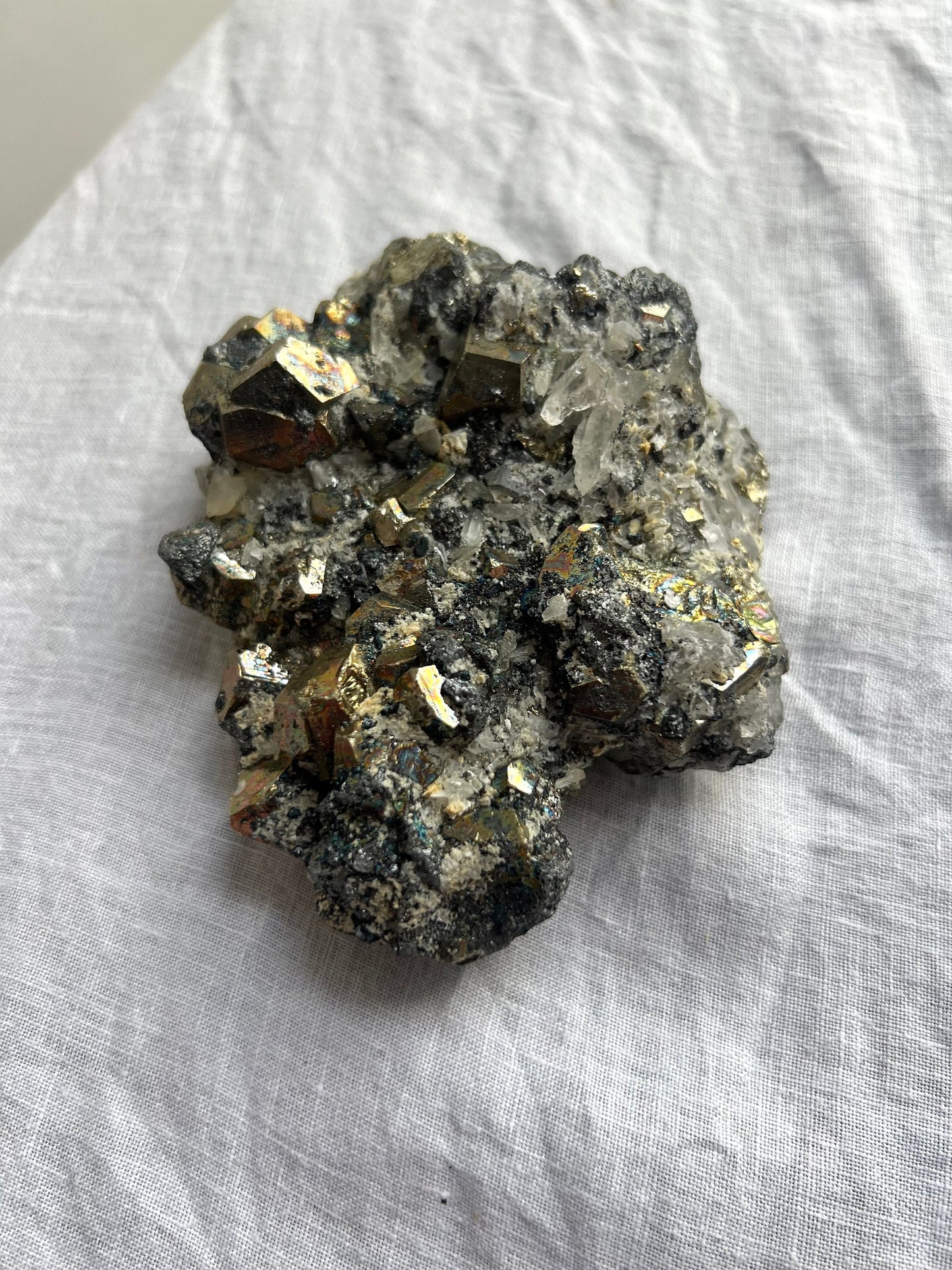 Rainbow Pyrite on Calcite with Quartz Specimen