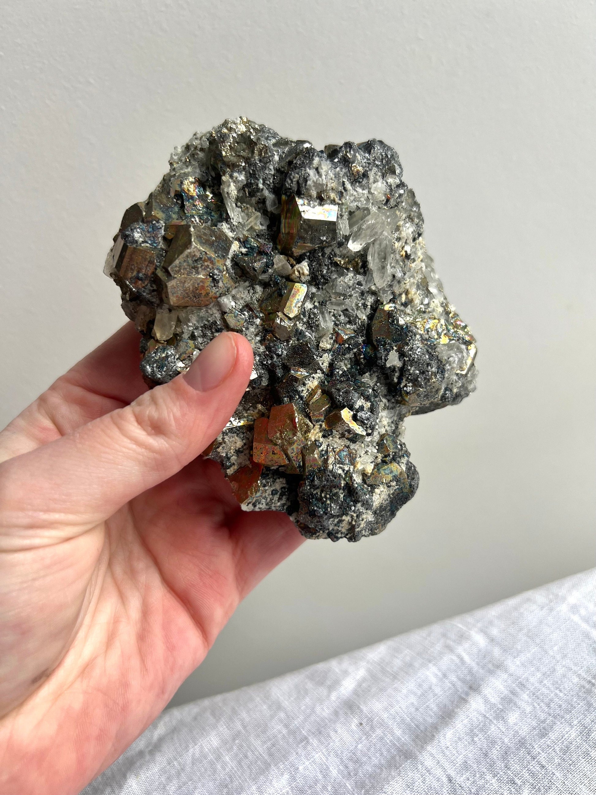 Beautiful Rainbow Pyrite on Calcite with Clear Quartz | Irredescent Pyrite Calcite & Quartz