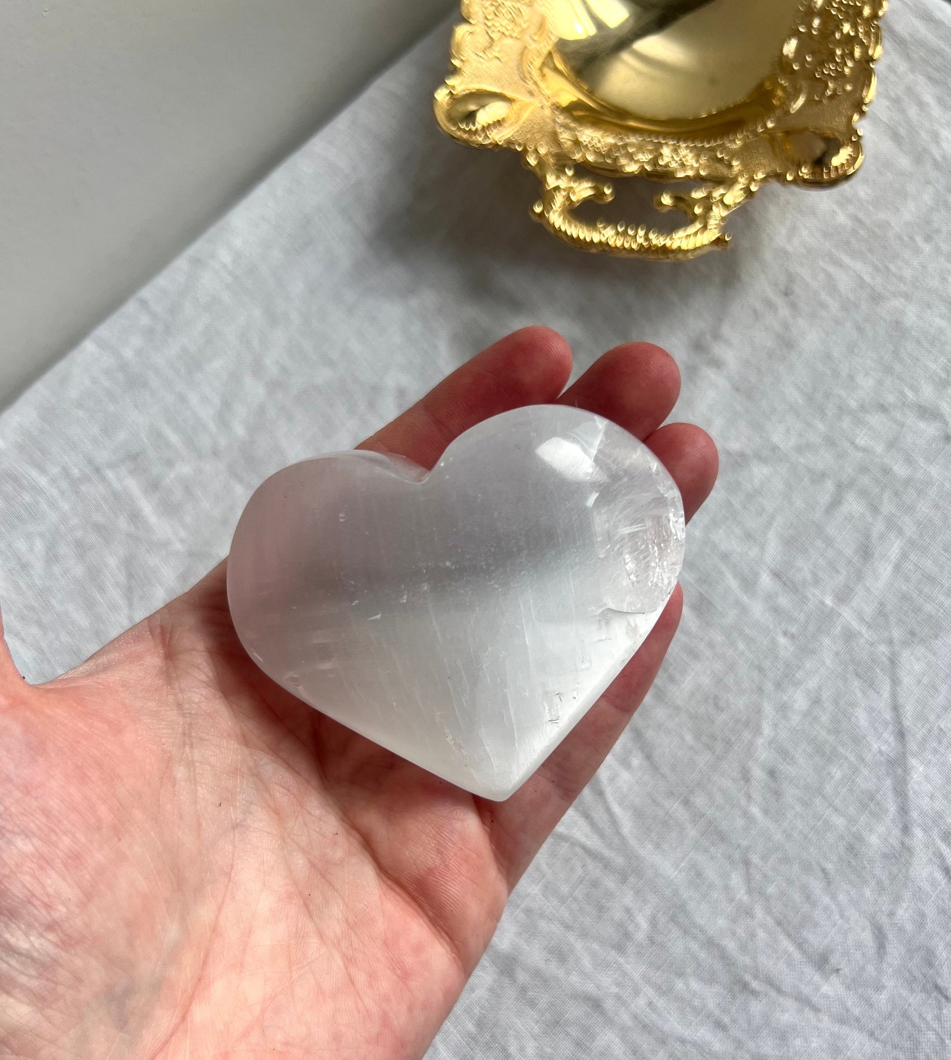 Large Selenite Heart Carving | Palm Stone Selenite Heart