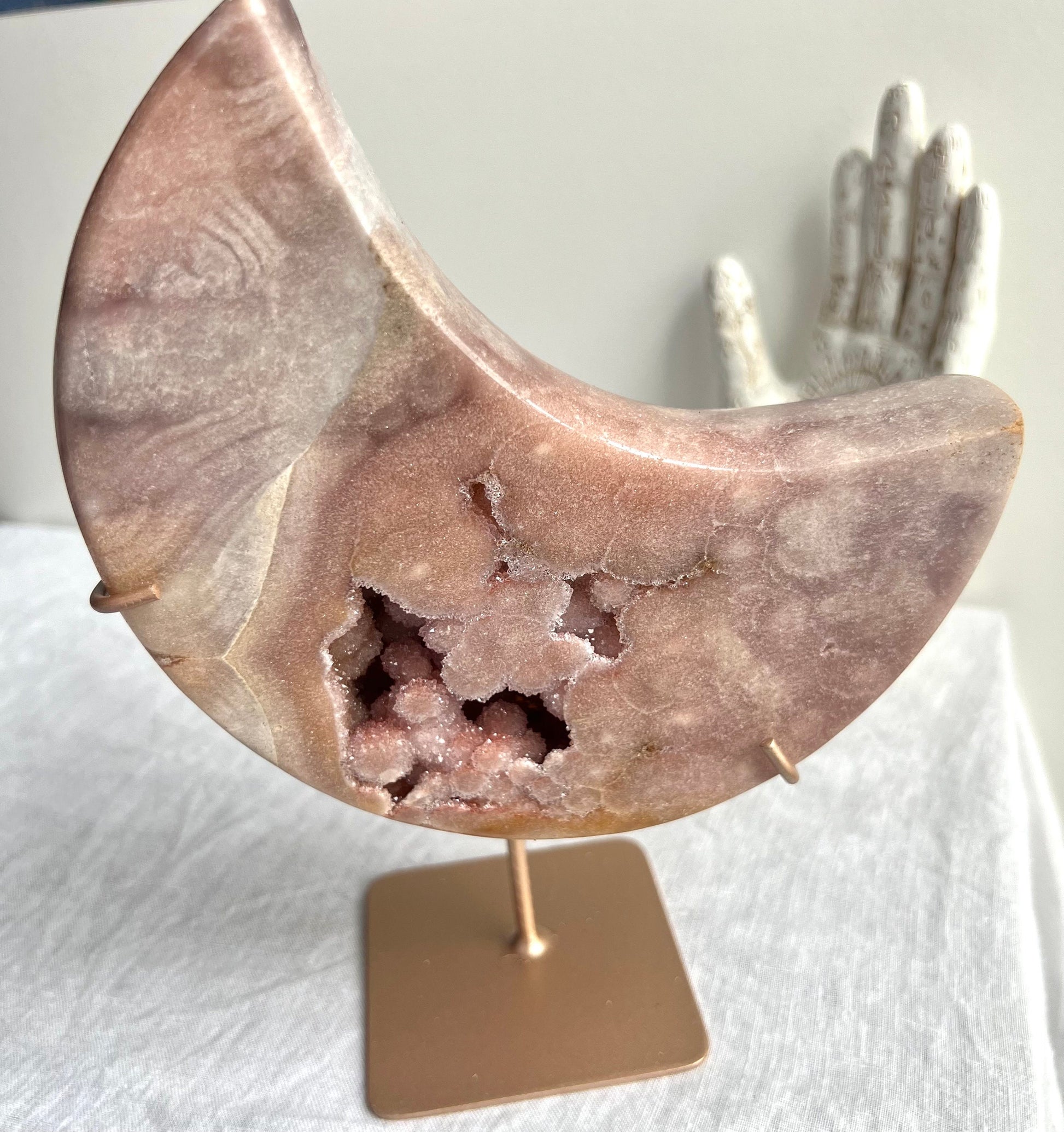 Gorgeous Large Druzy Pink Amethyst Crescent Moon with Display Stand from Brazil