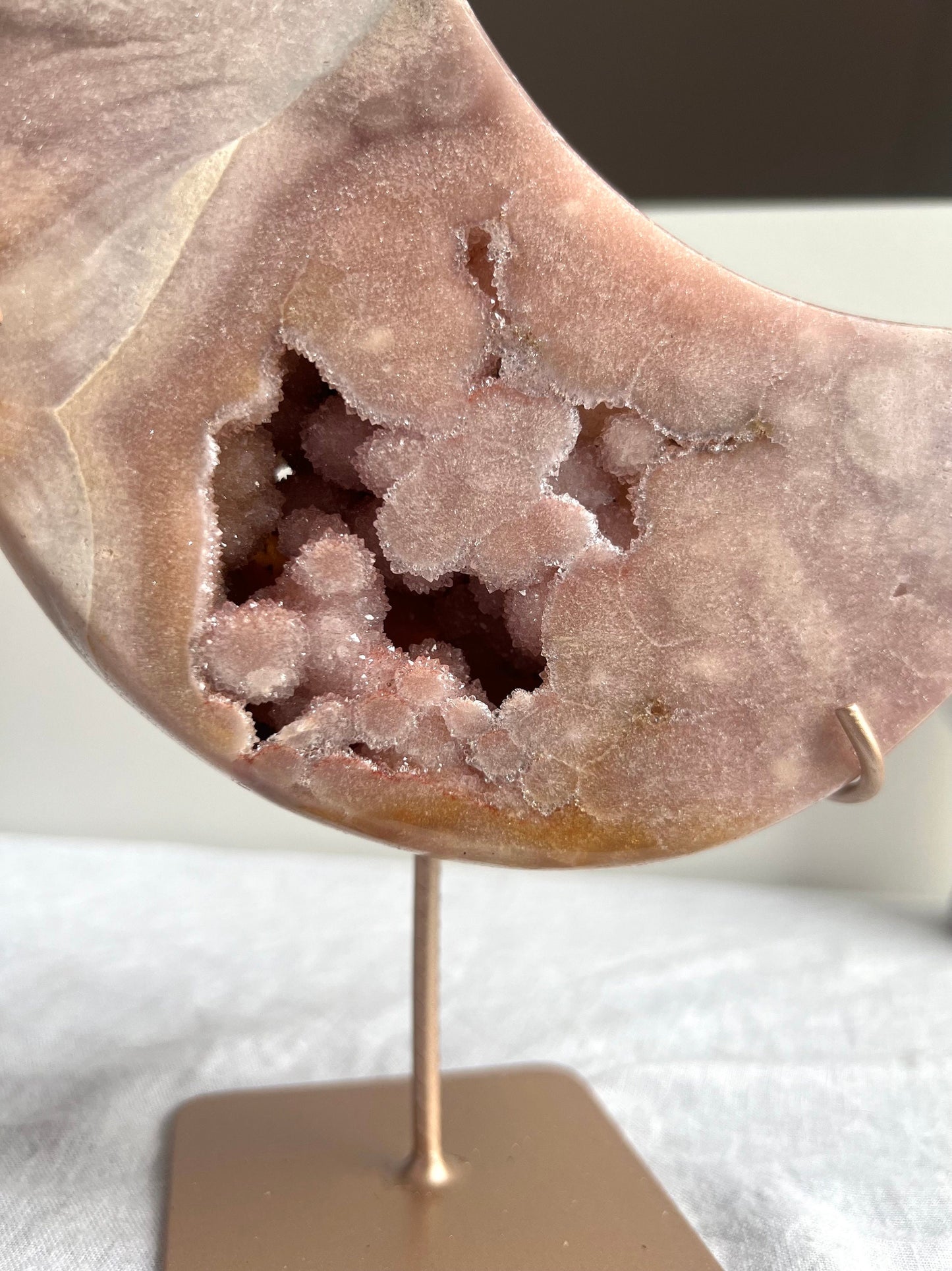 Gorgeous Large Druzy Pink Amethyst Crescent Moon with Display Stand from Brazil