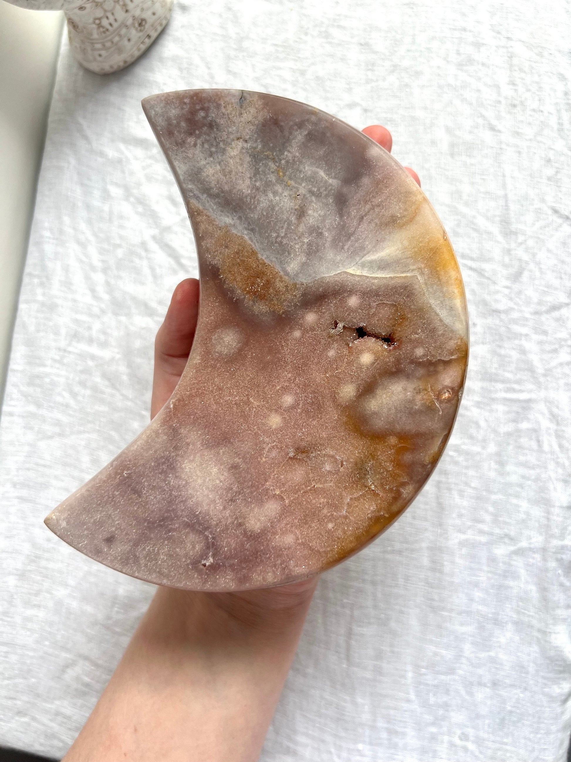 Gorgeous Large Druzy Pink Amethyst Crescent Moon with Display Stand from Brazil