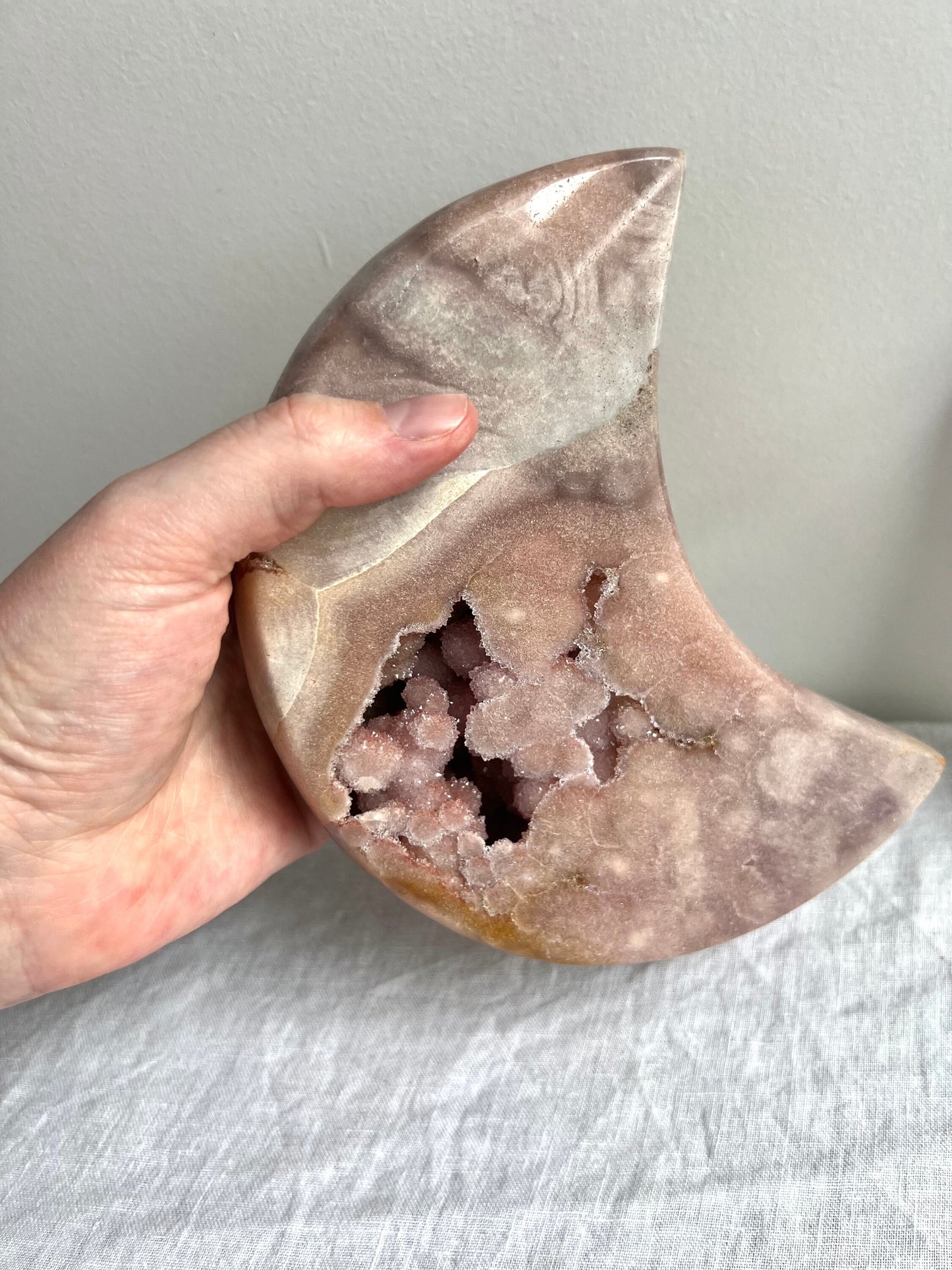 Gorgeous Large Druzy Pink Amethyst Crescent Moon with Display Stand from Brazil