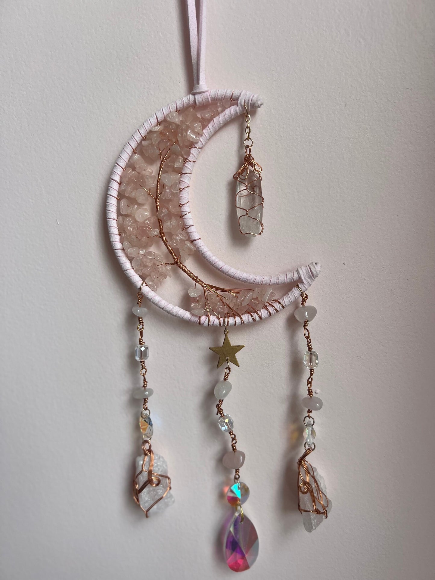 Crescent Moon Crystal Suncatcher | Rose Quartz and Clear Quartz Suncatcher