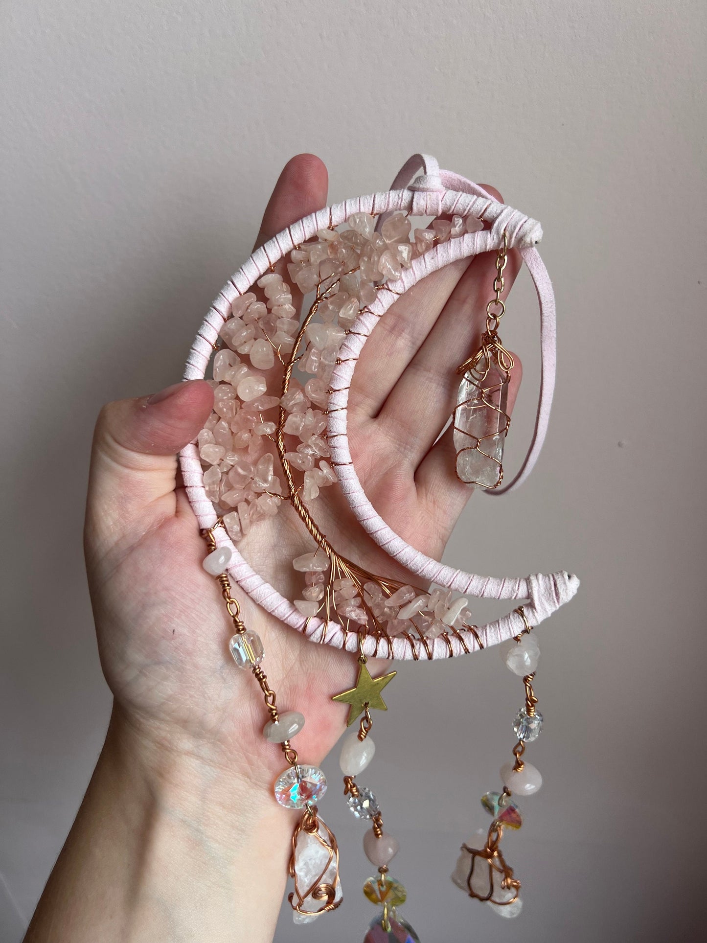 Crescent Moon Crystal Suncatcher | Rose Quartz and Clear Quartz Suncatcher