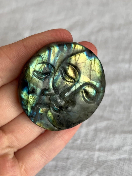 Labradorite Sun Moon Coin | Hand Carved Sun and Moon Labradorite