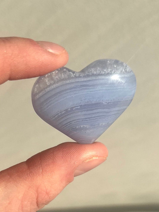 Banded Blue Lace Agate Heart Carving | Small Blue Lace Agate Puffy Heart