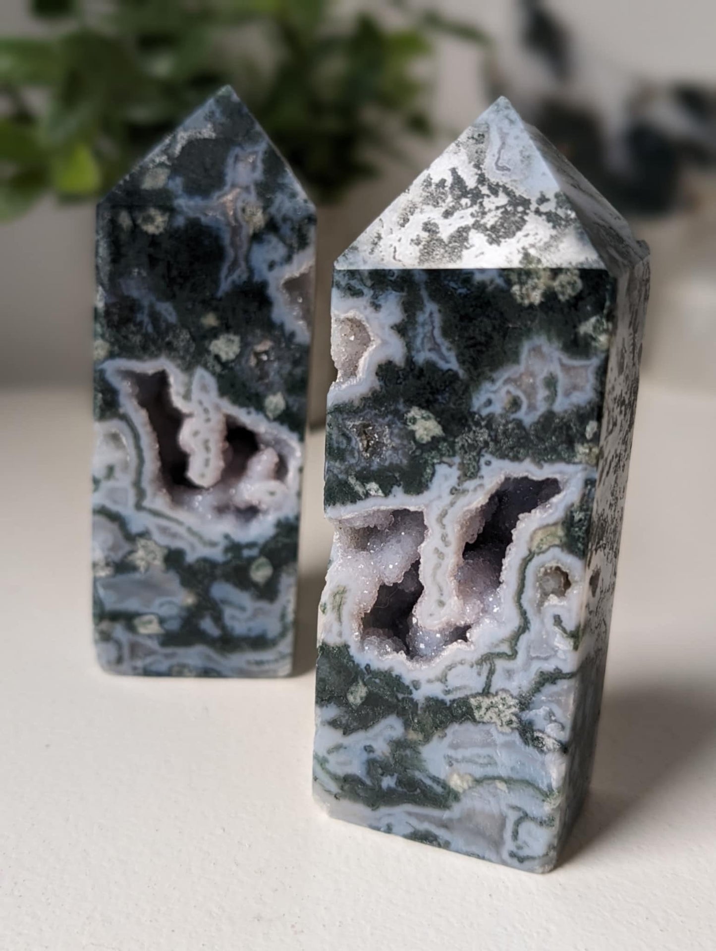 Druzy Moss Agate Twin Towers | Pair (x2) Moss Agate Obelisks with Druzy