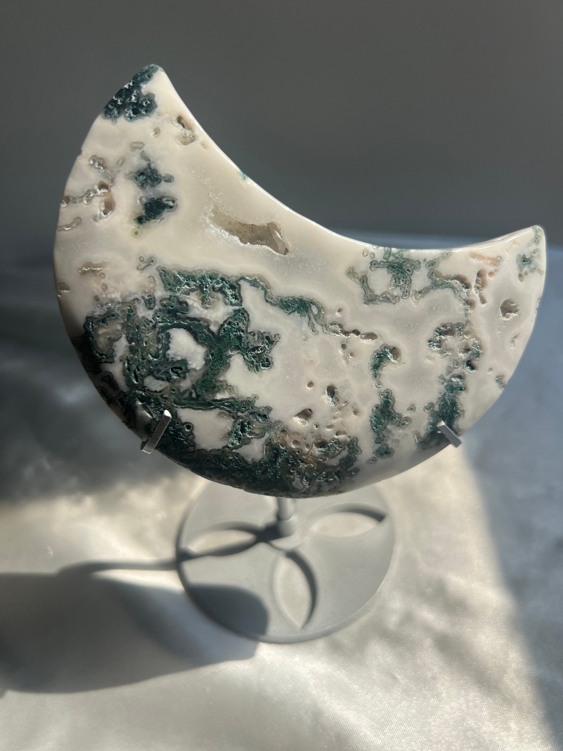 Gorgeous Moss Agate Crescent Moon with Display Stand
