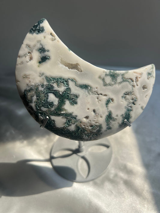 Gorgeous Moss Agate Crescent Moon with Display Stand
