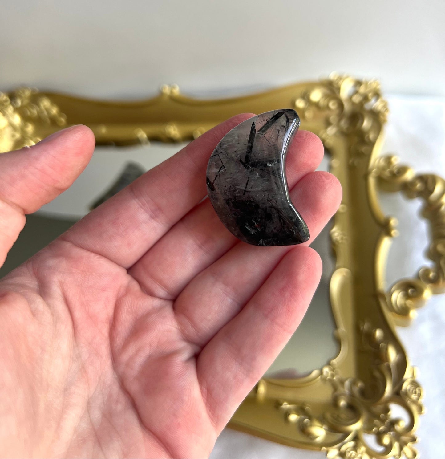 Tourmaline in Quartz Crescent Moon Carvings | Tourmalated Quartz Moons