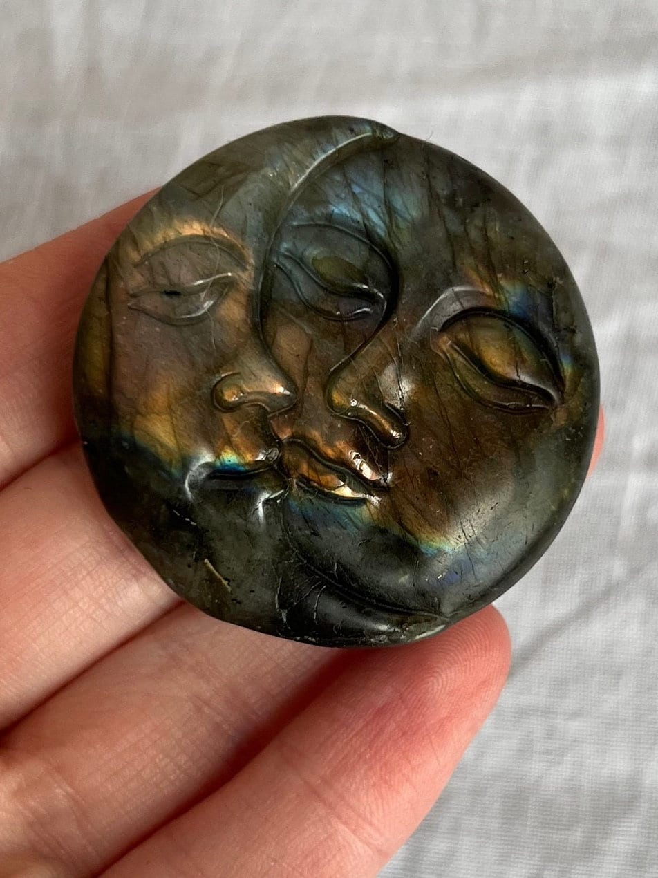 Labradorite Sun Moon Coin | Hand Carved Sun and Moon Labradorite
