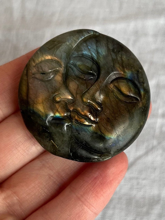 Labradorite Sun Moon Coin | Hand Carved Sun and Moon Labradorite