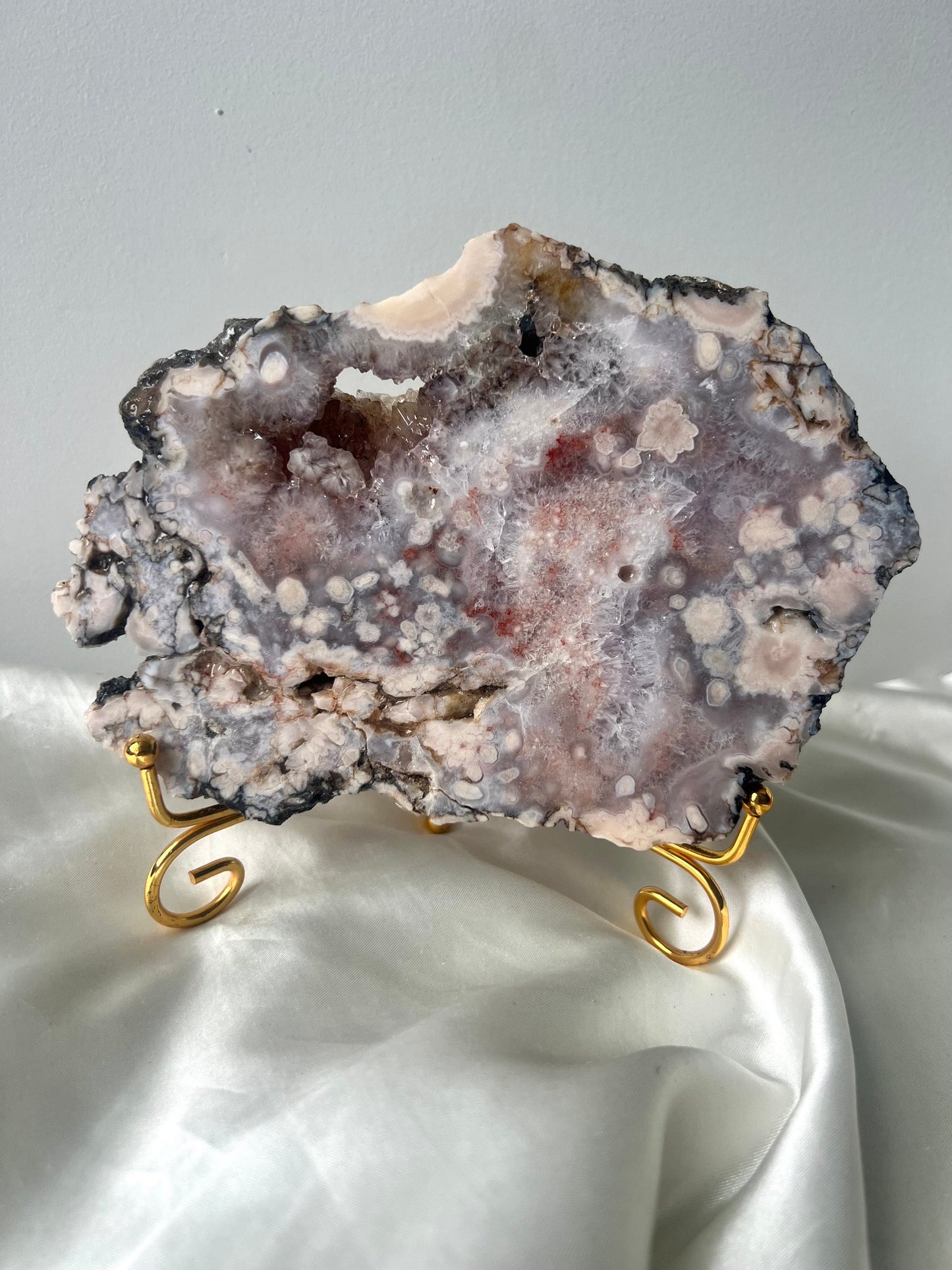 Gorgeous Pink Amethyst with Flower Agate Slab from Brazil with Display Stand