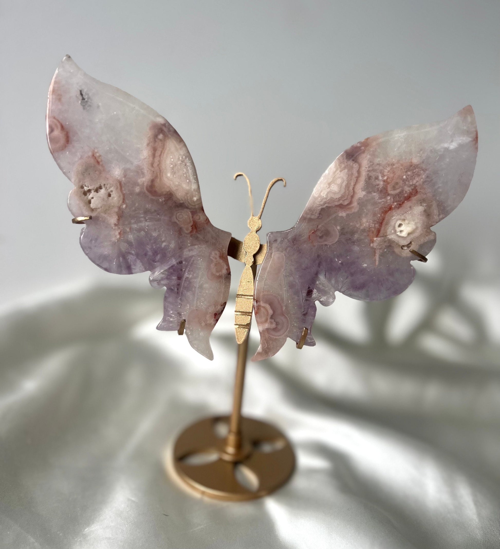 Beautiful Pink Amethyst with Flower Agate Butterfly Wings with Display Stand from Brazil