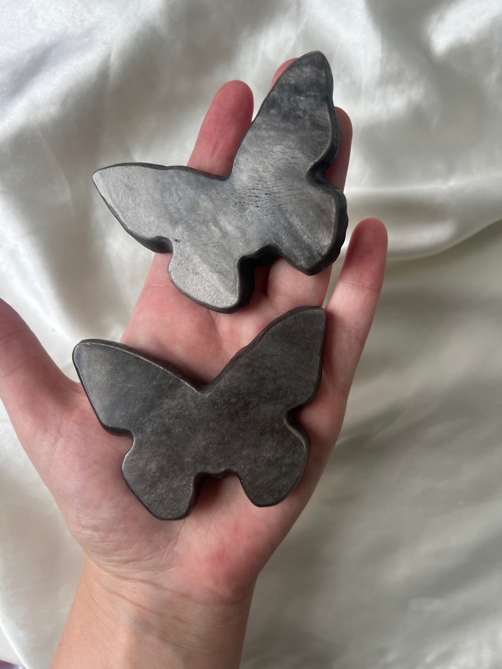 Stunning Silver Sheen Obsidian Butterfly Skull Carvings