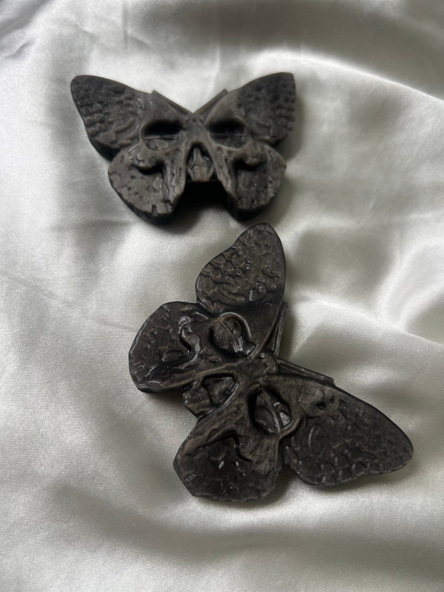 Stunning Silver Sheen Obsidian Butterfly Skull Carvings