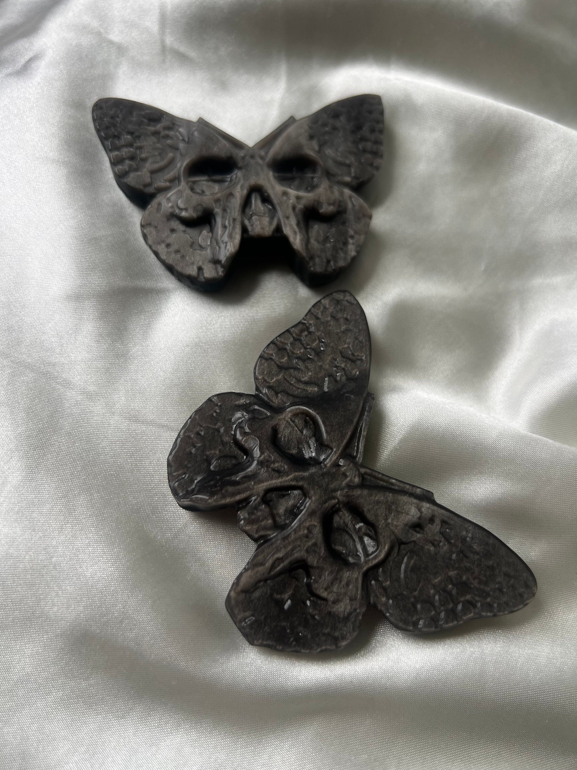 Stunning Silver Sheen Obsidian Butterfly Skull Carvings