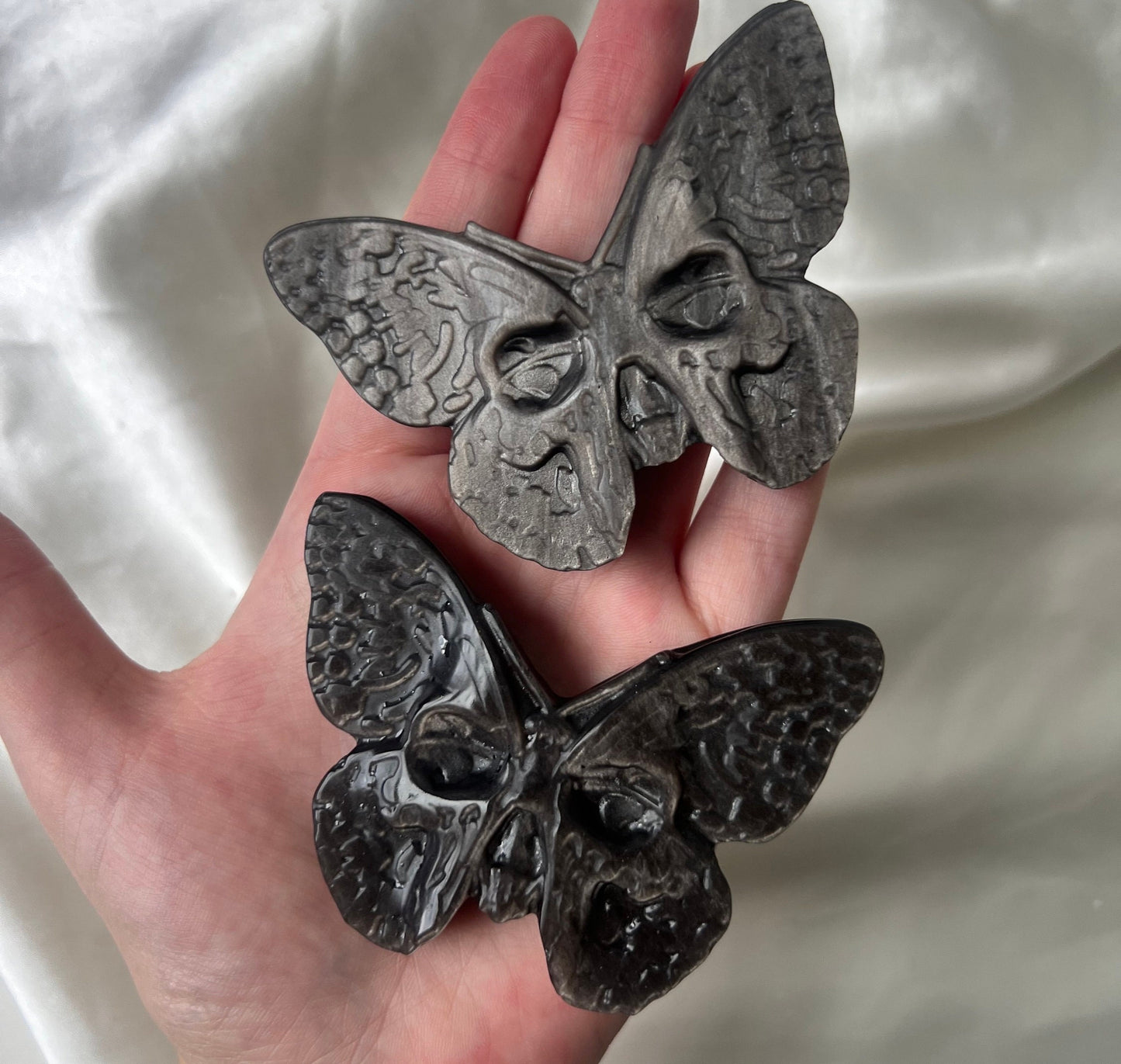 Stunning Silver Sheen Obsidian Butterfly Skull Carvings