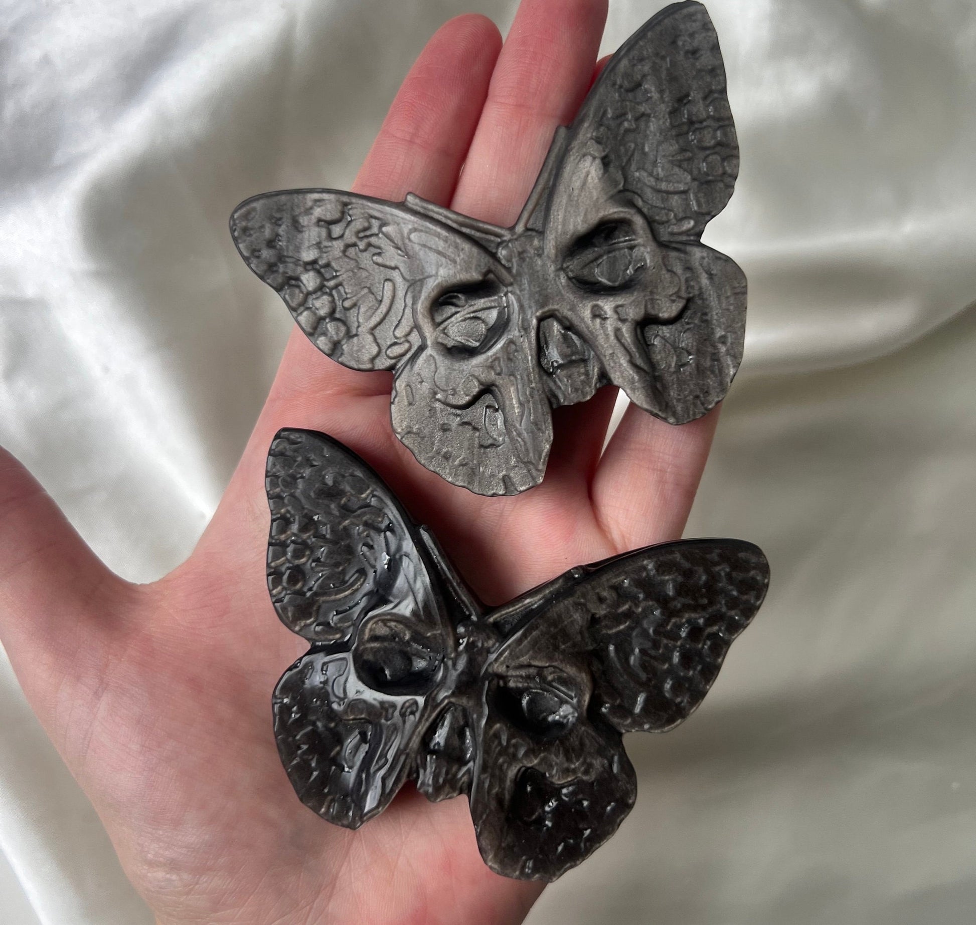 Stunning Silver Sheen Obsidian Butterfly Skull Carvings