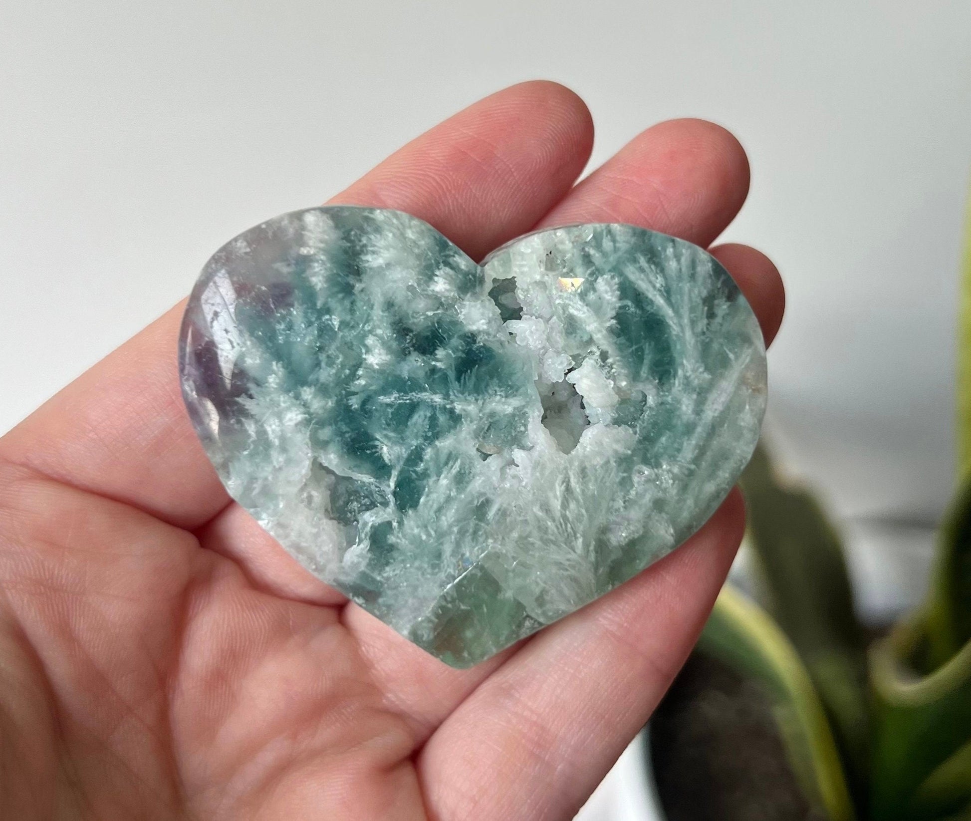 Gorgeous Snowflake Fluorite Heart | White Dentritic Inclusions in Fluorite
