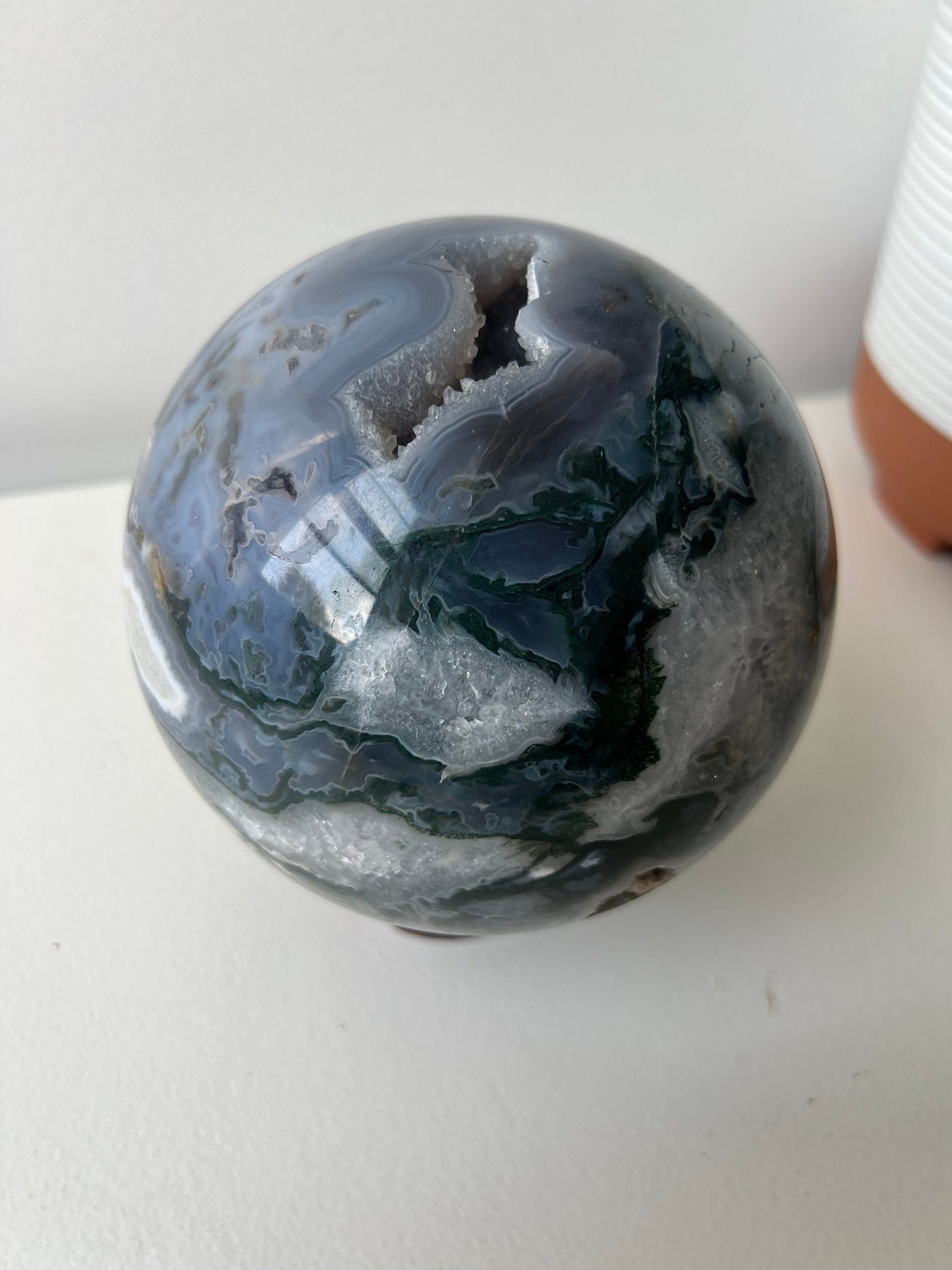XL Gorgeous Druzy Moss Agate Sphere 3.373kg 120mm Moss Agate Crystal Ball
