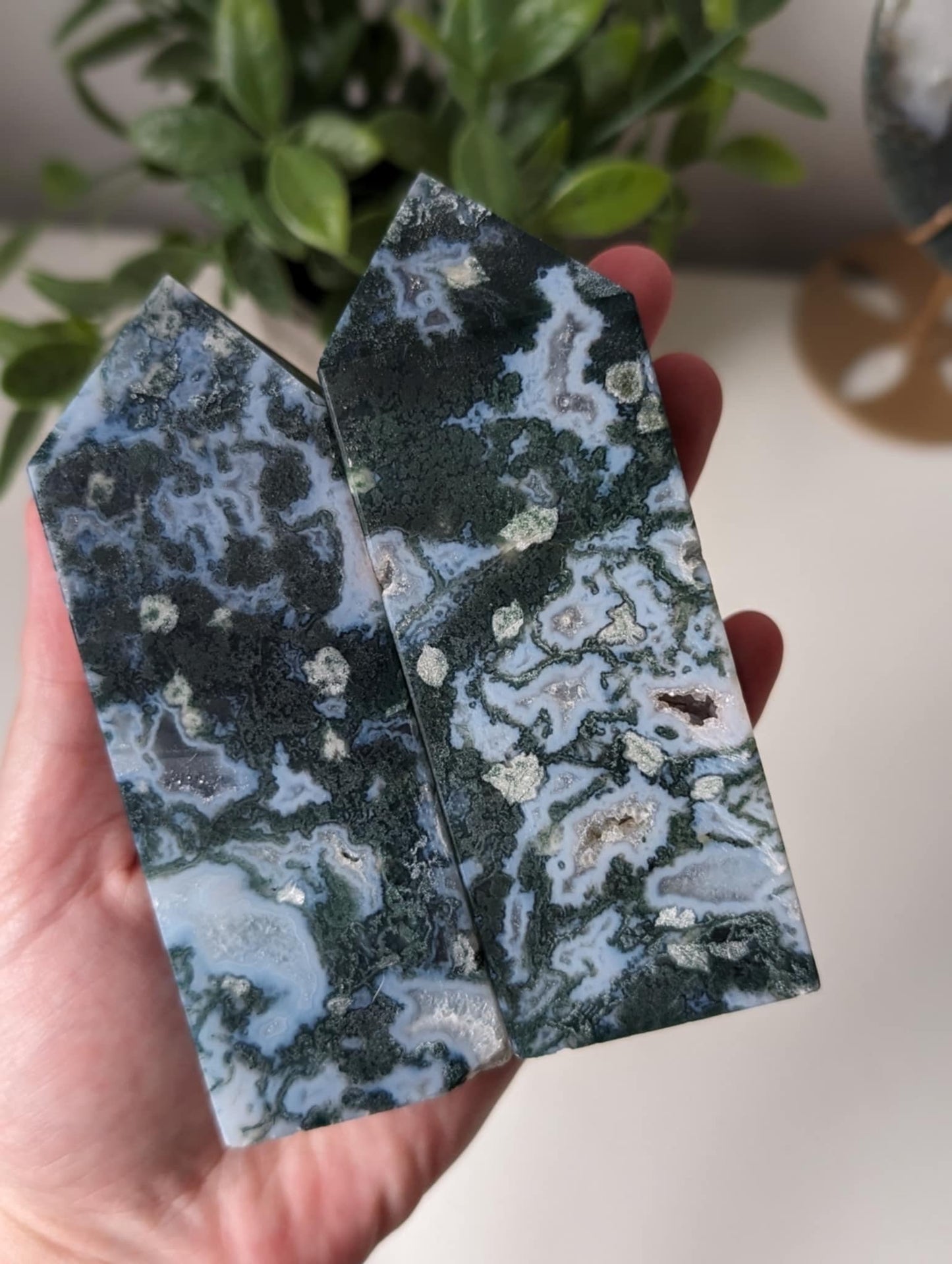 Druzy Moss Agate Twin Towers | Pair (x2) Moss Agate Obelisks with Druzy