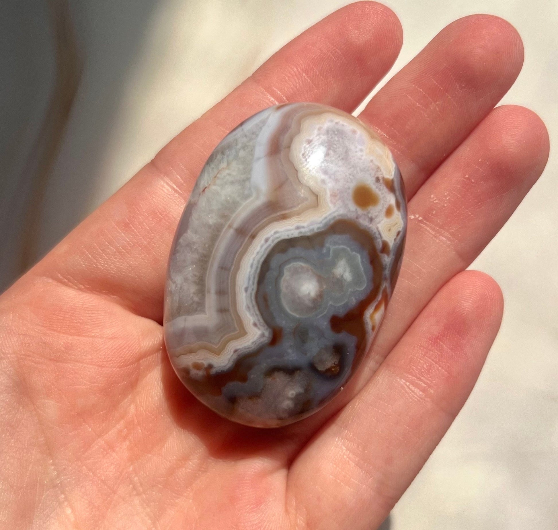 Stunning Blue Flower Agate Palmstone With Banding | Black Flower Agate Palm Stone