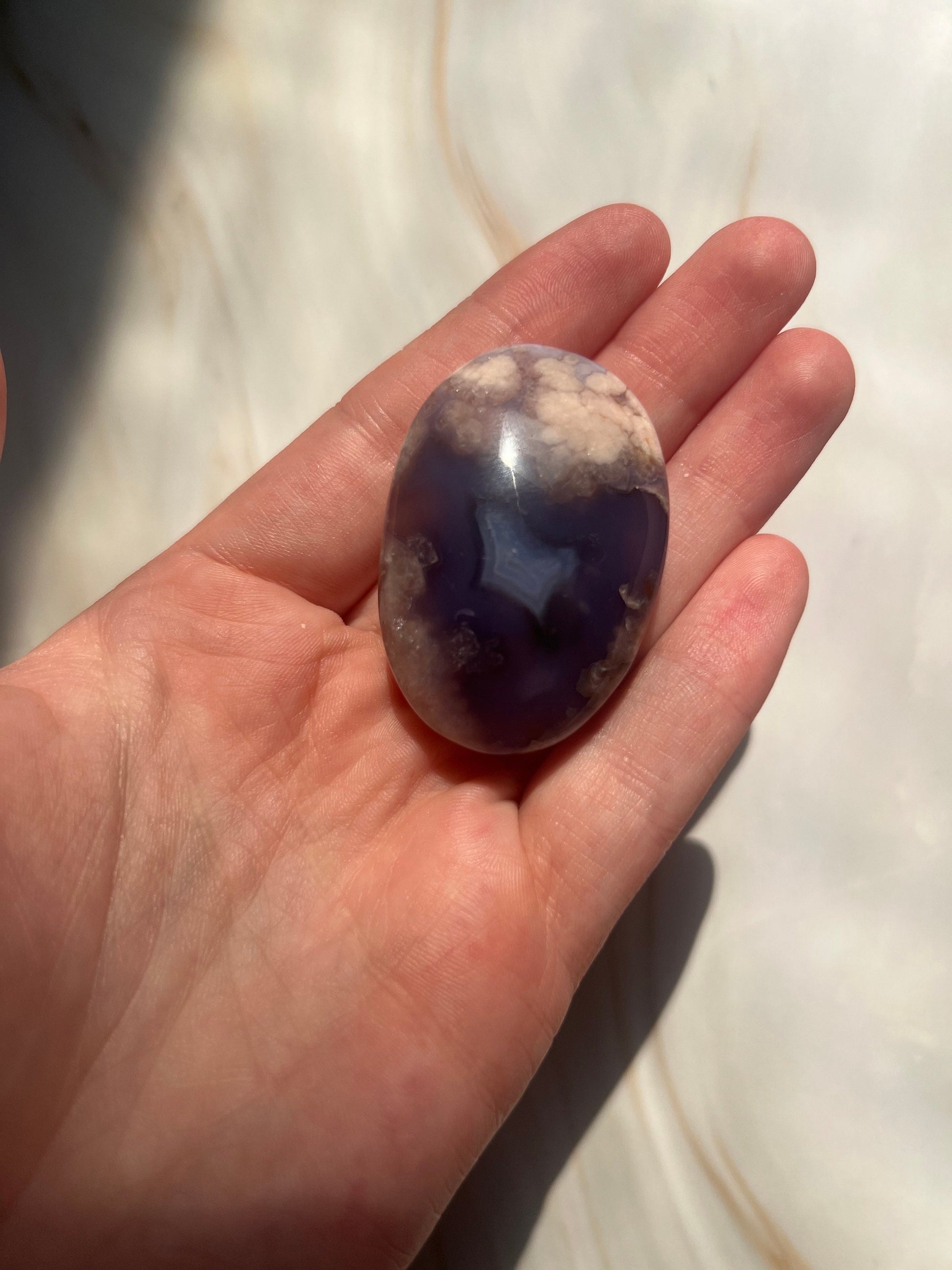 Stunning Blue Flower Agate Palmstone With Banding | Black Flower Agate Palm Stone
