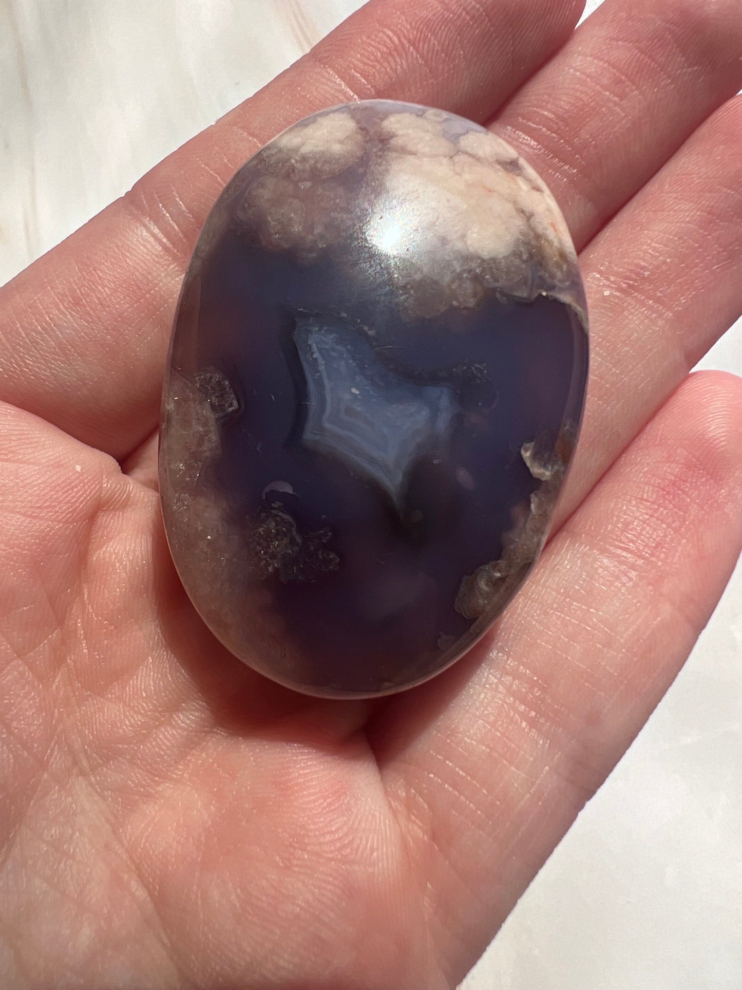 Stunning Blue Flower Agate Palmstone With Banding | Black Flower Agate Palm Stone