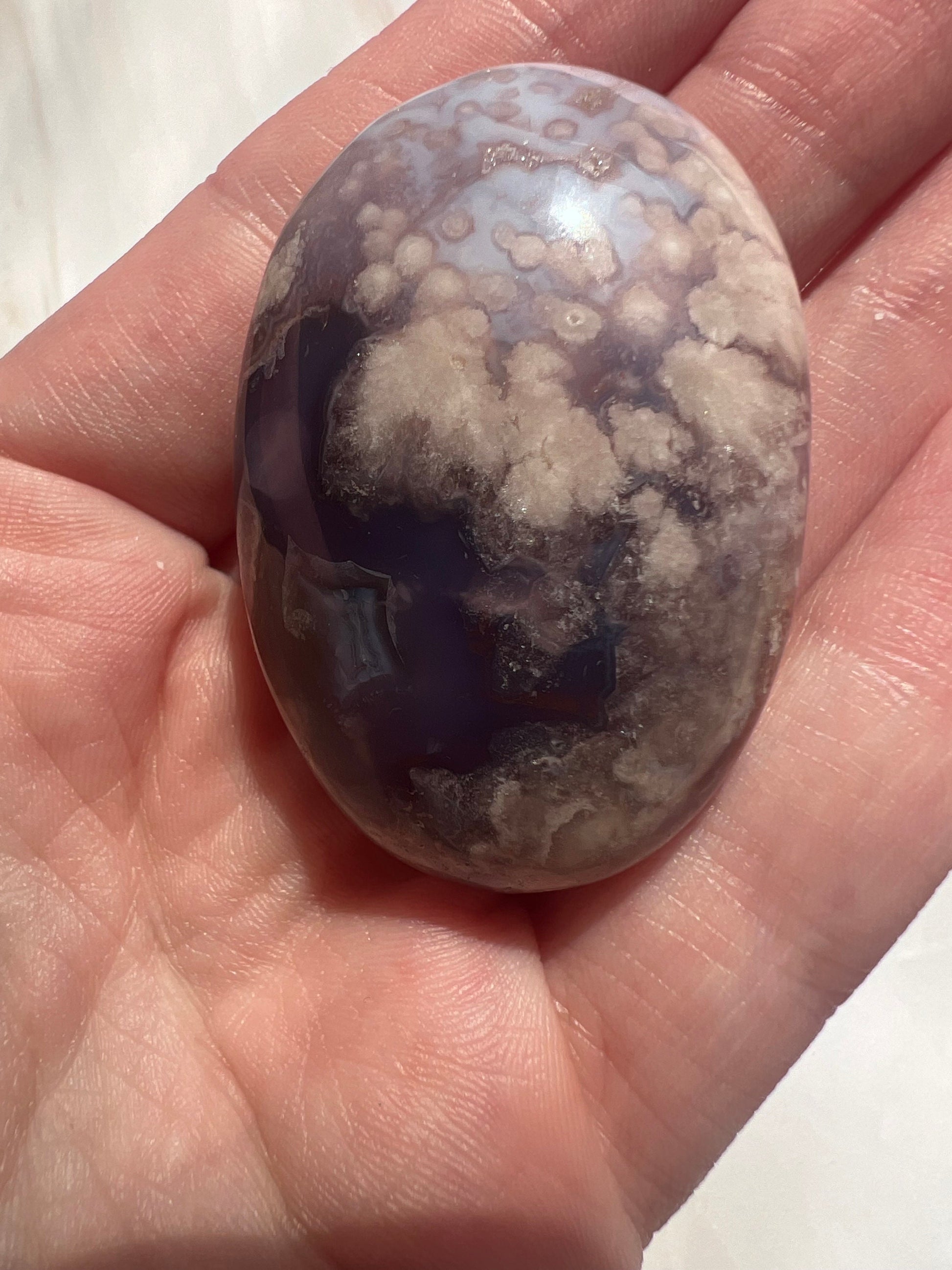 Stunning Blue Flower Agate Palmstone With Banding | Black Flower Agate Palm Stone