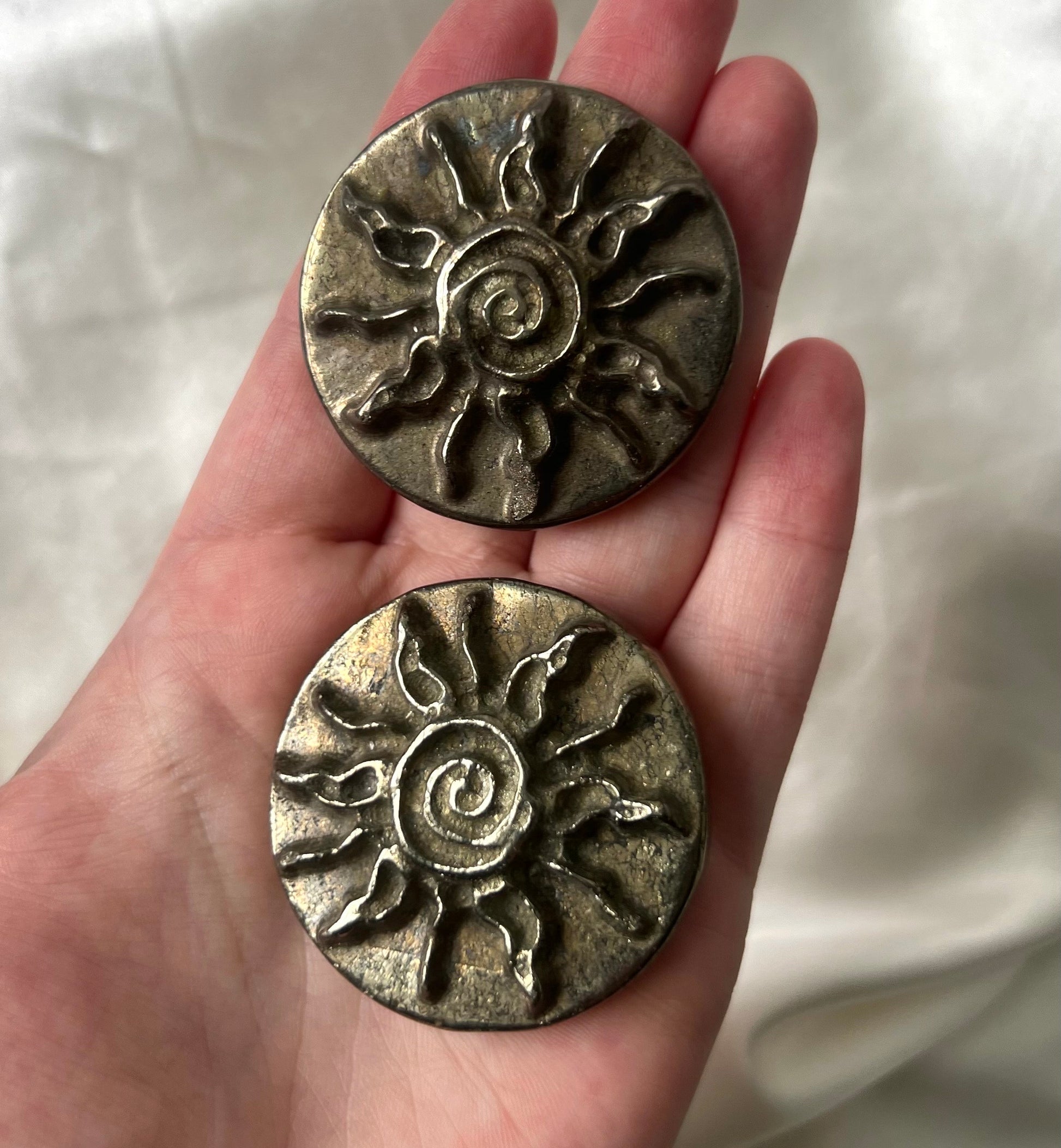 Gorgeous Pyrite Sunshine Coin Carvings from Peru